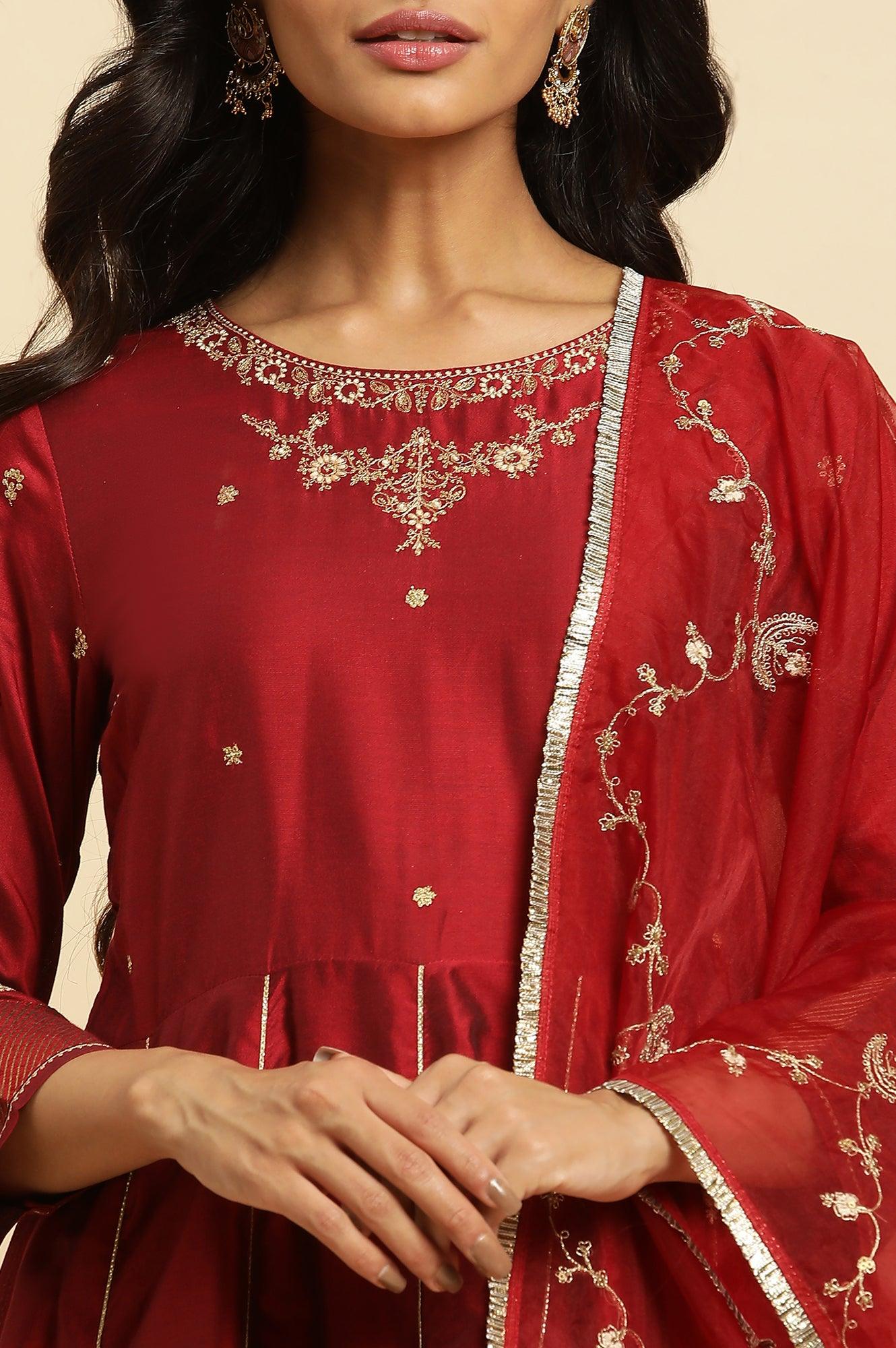Dark Red Zari Embroidered Festive Kurta, Pant And Dupatta Set - Image 7