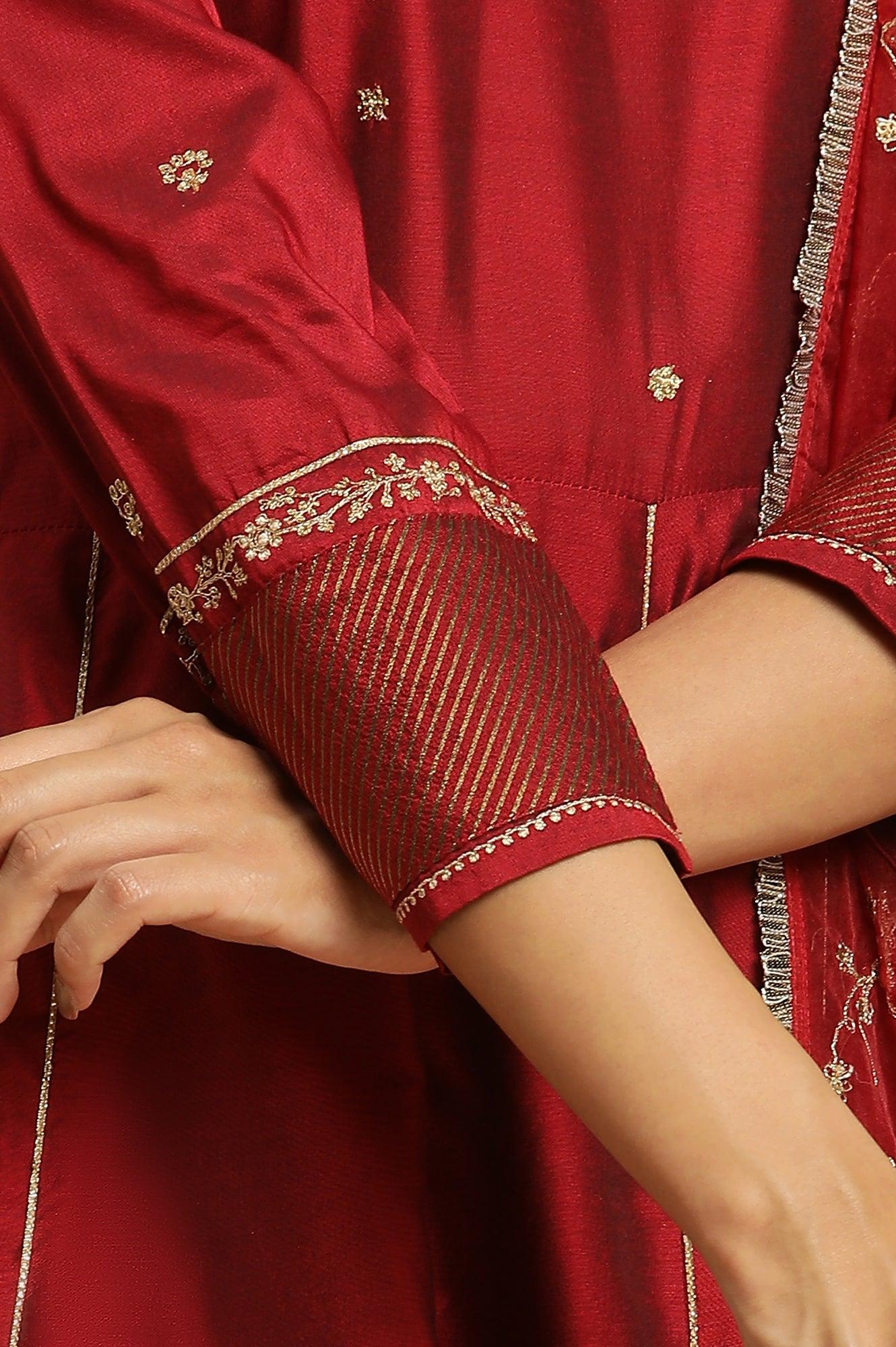 Dark Red Zari Embroidered Festive Kurta, Pant And Dupatta Set - Image 8