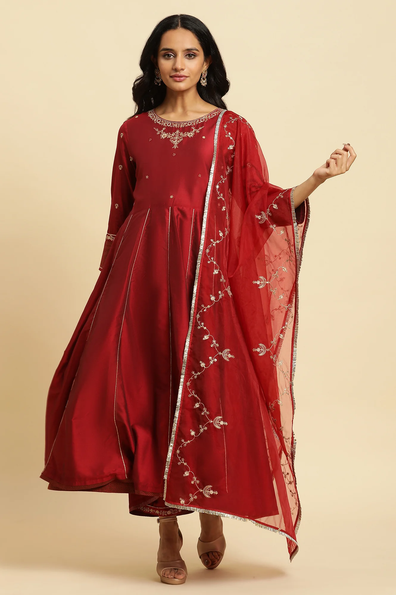 Dark Red Zari Embroidered Festive Kurta, Pant And Dupatta Set - Image 2
