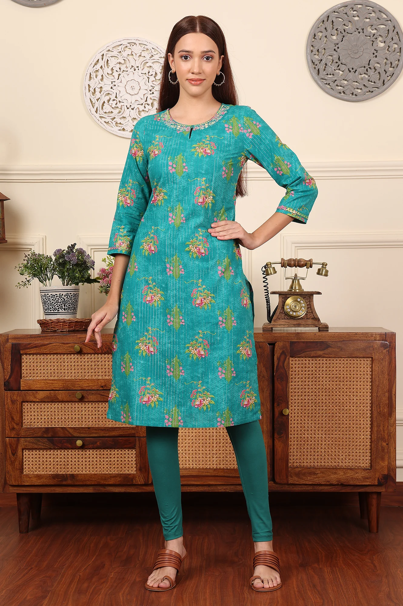 Dark Teal Floral Printed Embroidered Cotton Lurex Kurta - Image 2