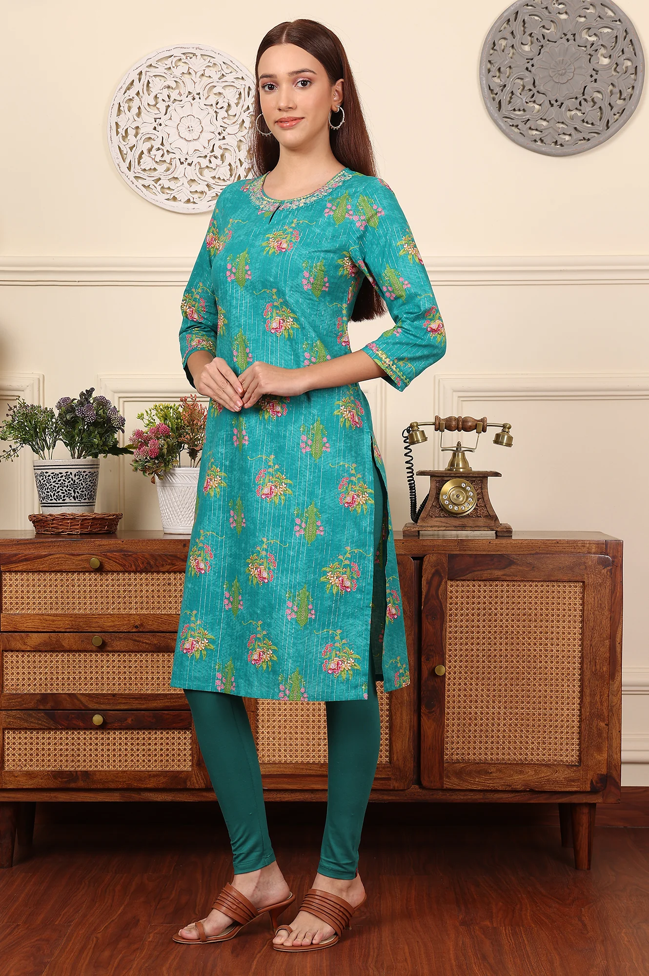 Dark Teal Floral Printed Embroidered Cotton Lurex Kurta - Image 6