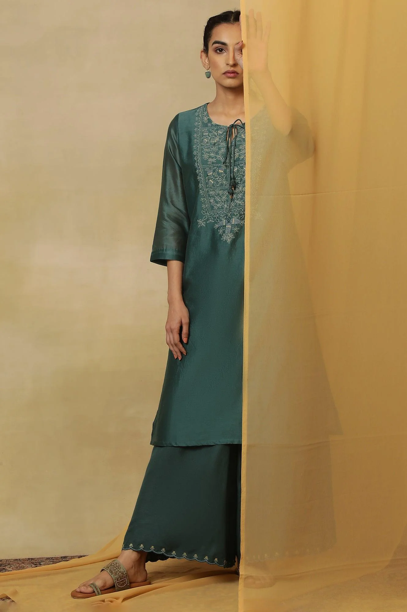 Dark Teal Kantha Embroidered Kurta