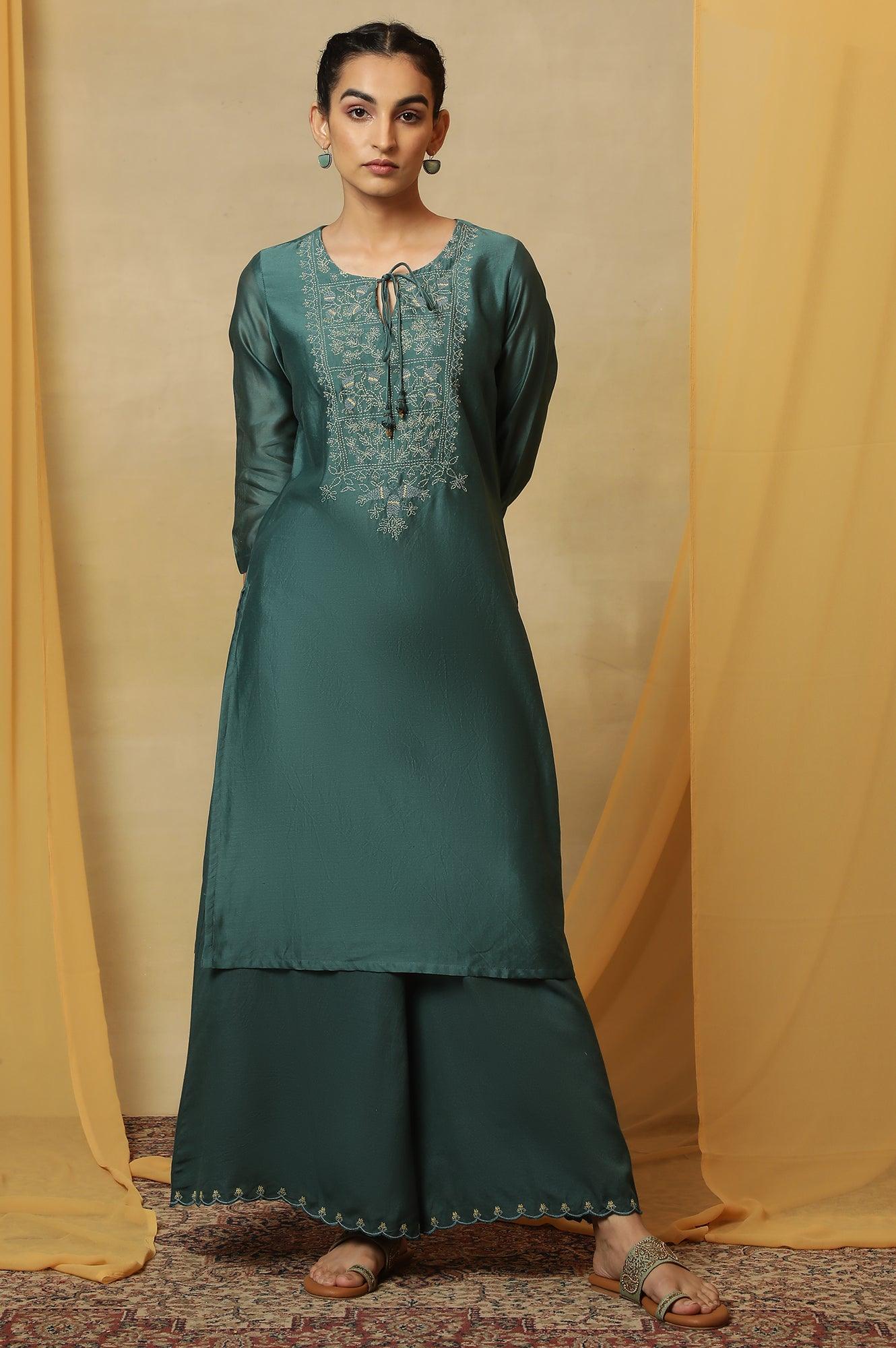 Dark Teal Kantha Embroidered Kurta - Image 2
