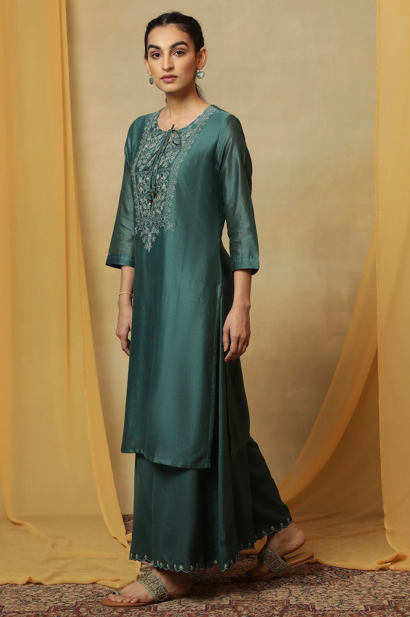 Dark Teal Kantha Embroidered Kurta - Image 3