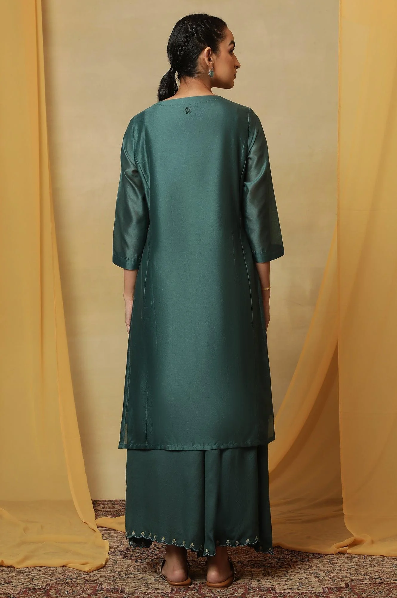 Dark Teal Kantha Embroidered Kurta - Image 4