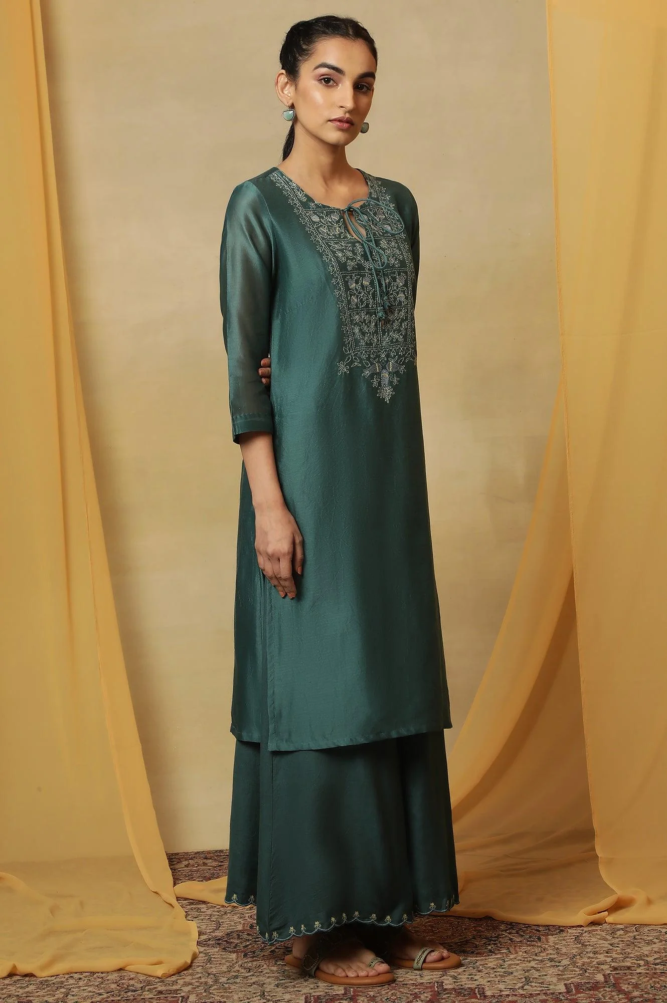 Dark Teal Kantha Embroidered Kurta - Image 5