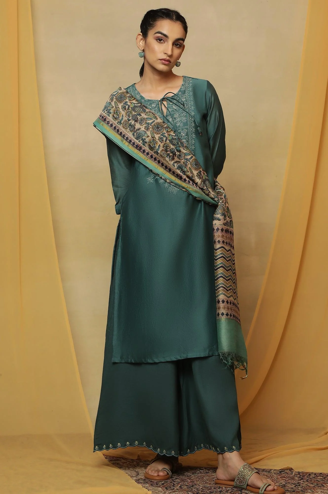 Dark Teal Kantha Embroidered Kurta - Image 6