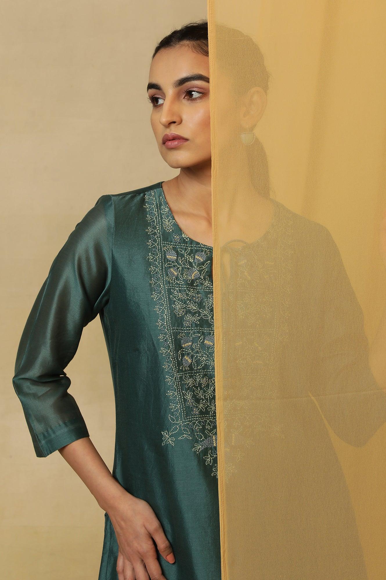 Dark Teal Kantha Embroidered Kurta - Image 7
