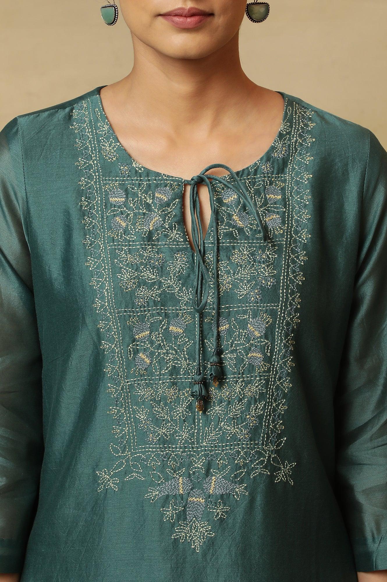 Dark Teal Kantha Embroidered Kurta - Image 8