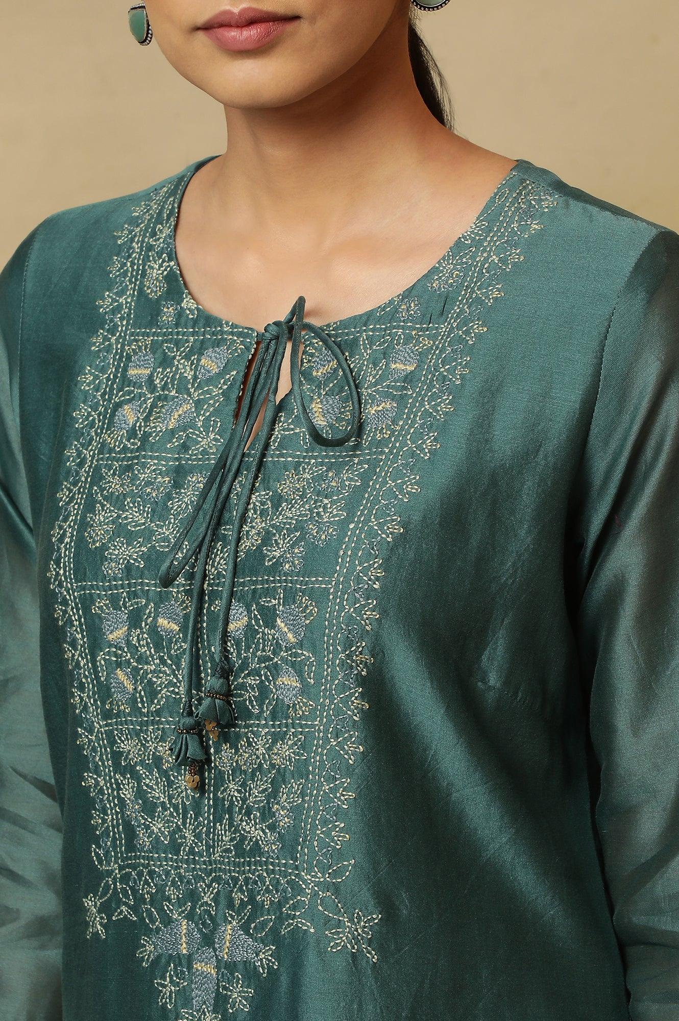 Dark Teal Kantha Embroidered Kurta - Image 9