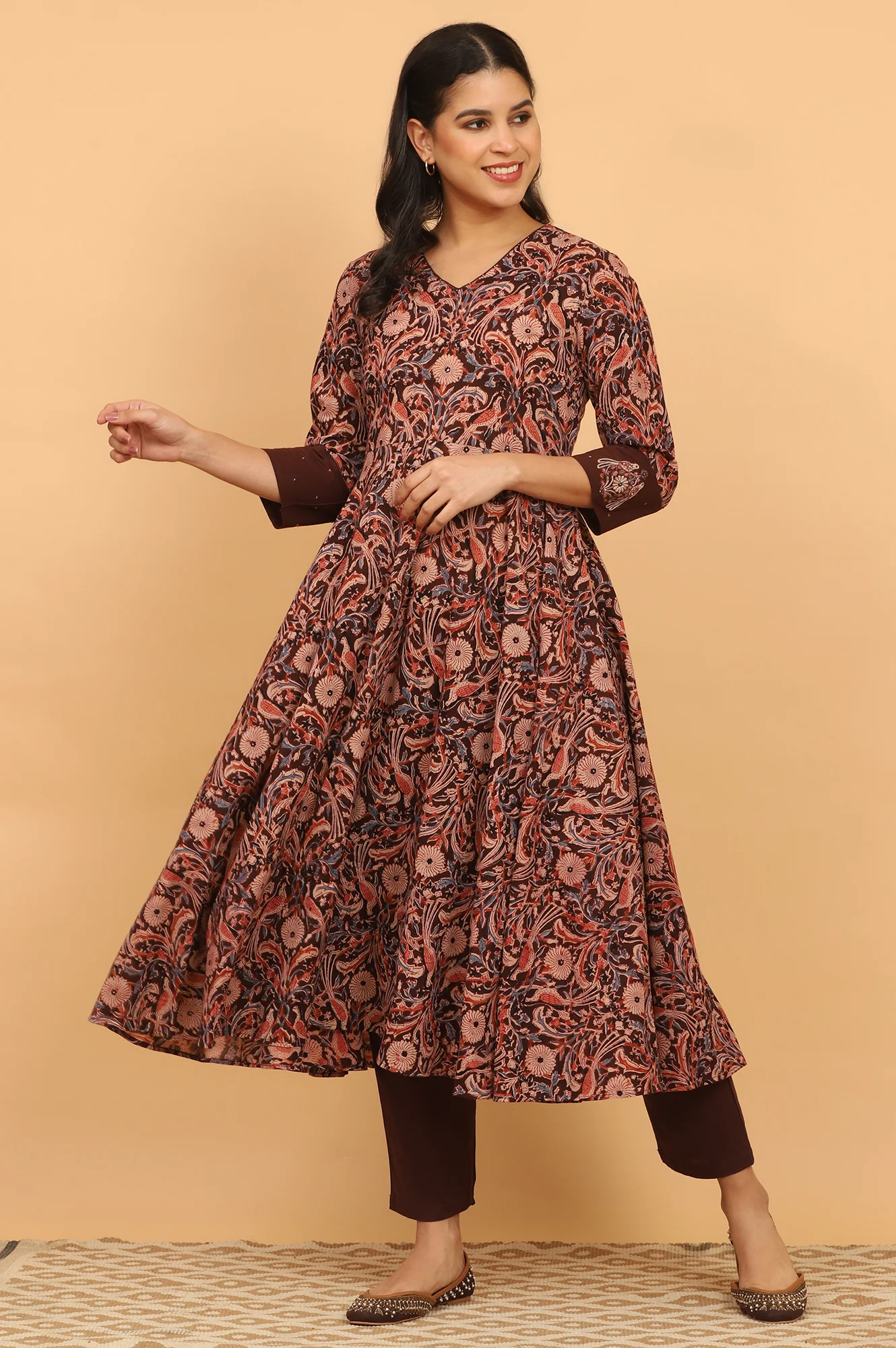 Dark Wine Handblock Print Kalamkari Kurta - Image 2
