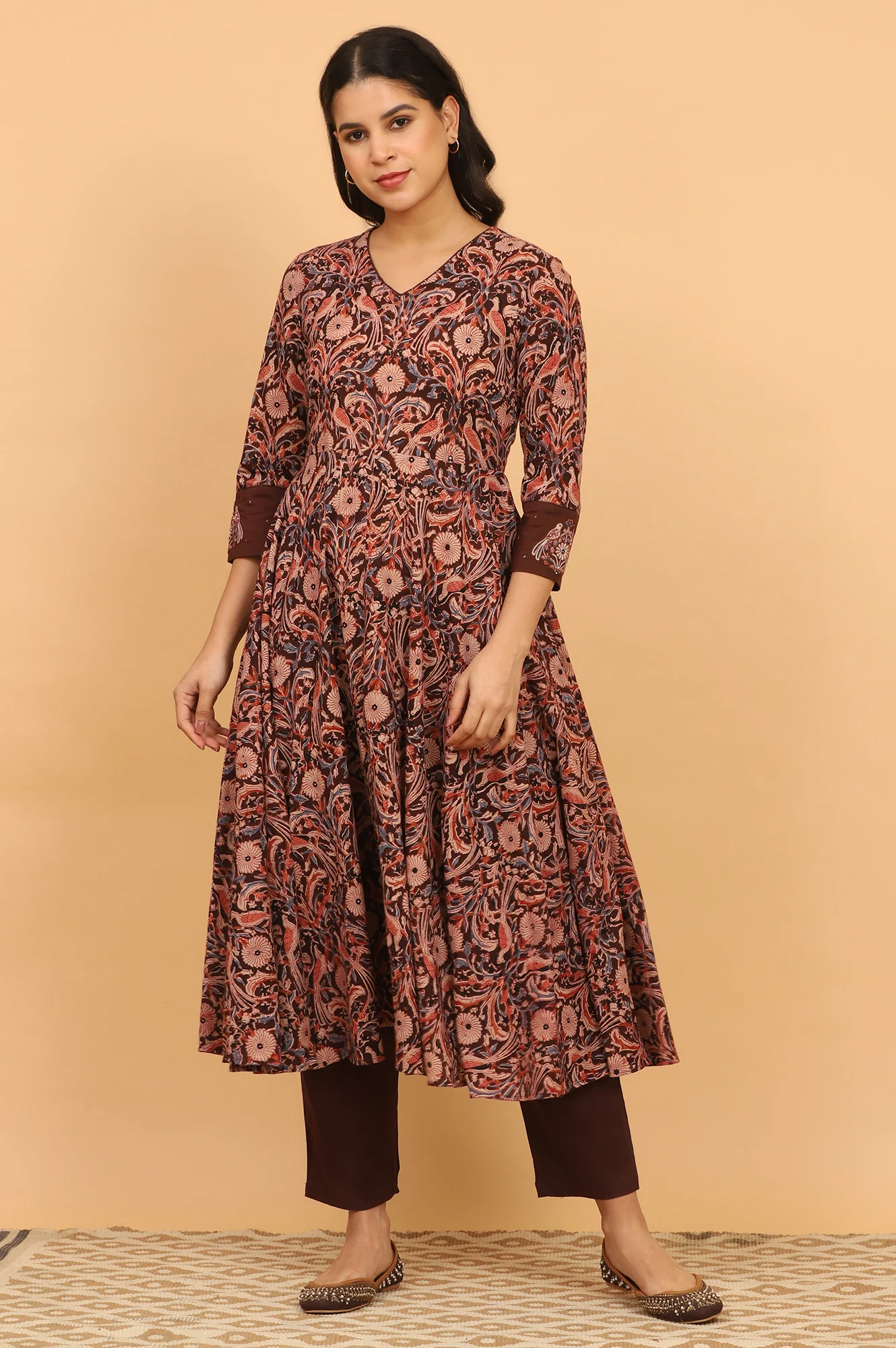 Dark Wine Handblock Print Kalamkari Kurta - Image 3