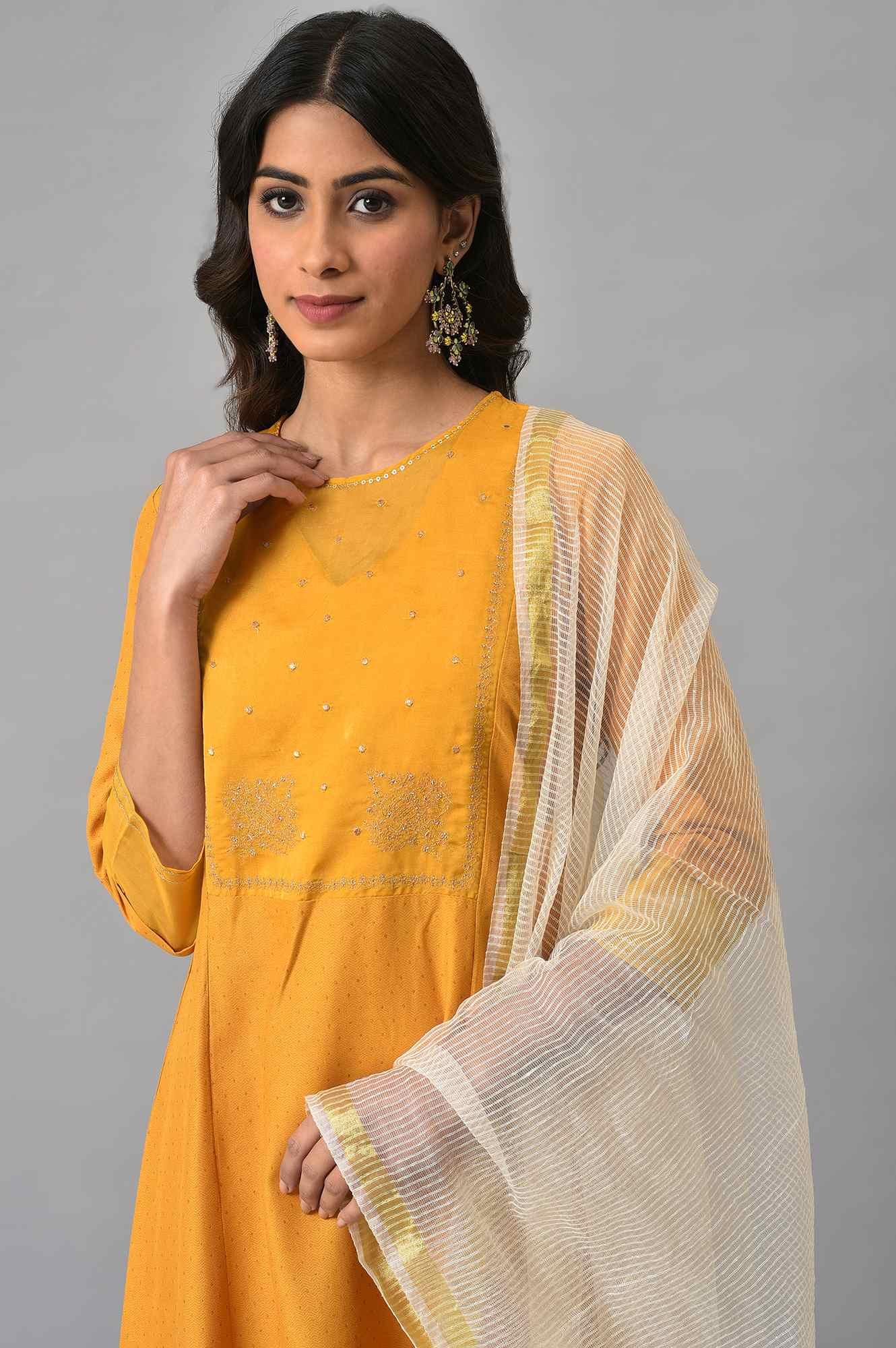 Dark Yellow A-Line Embroidered kurta With Parallel Pants And Jacquard Dupatta - Image 5