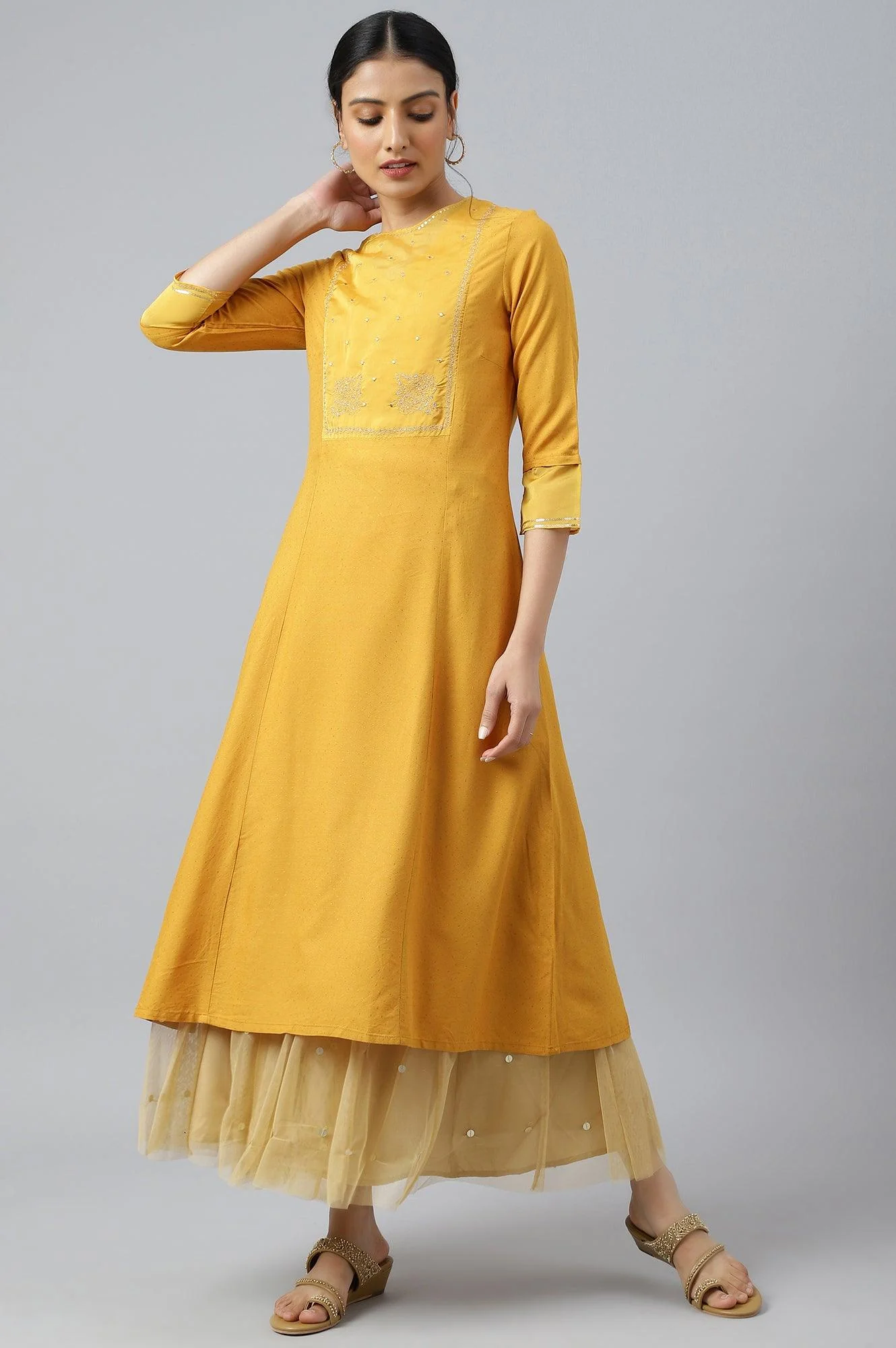Dark Yellow A-Line Embroidered kurta With Sequins - Image 6