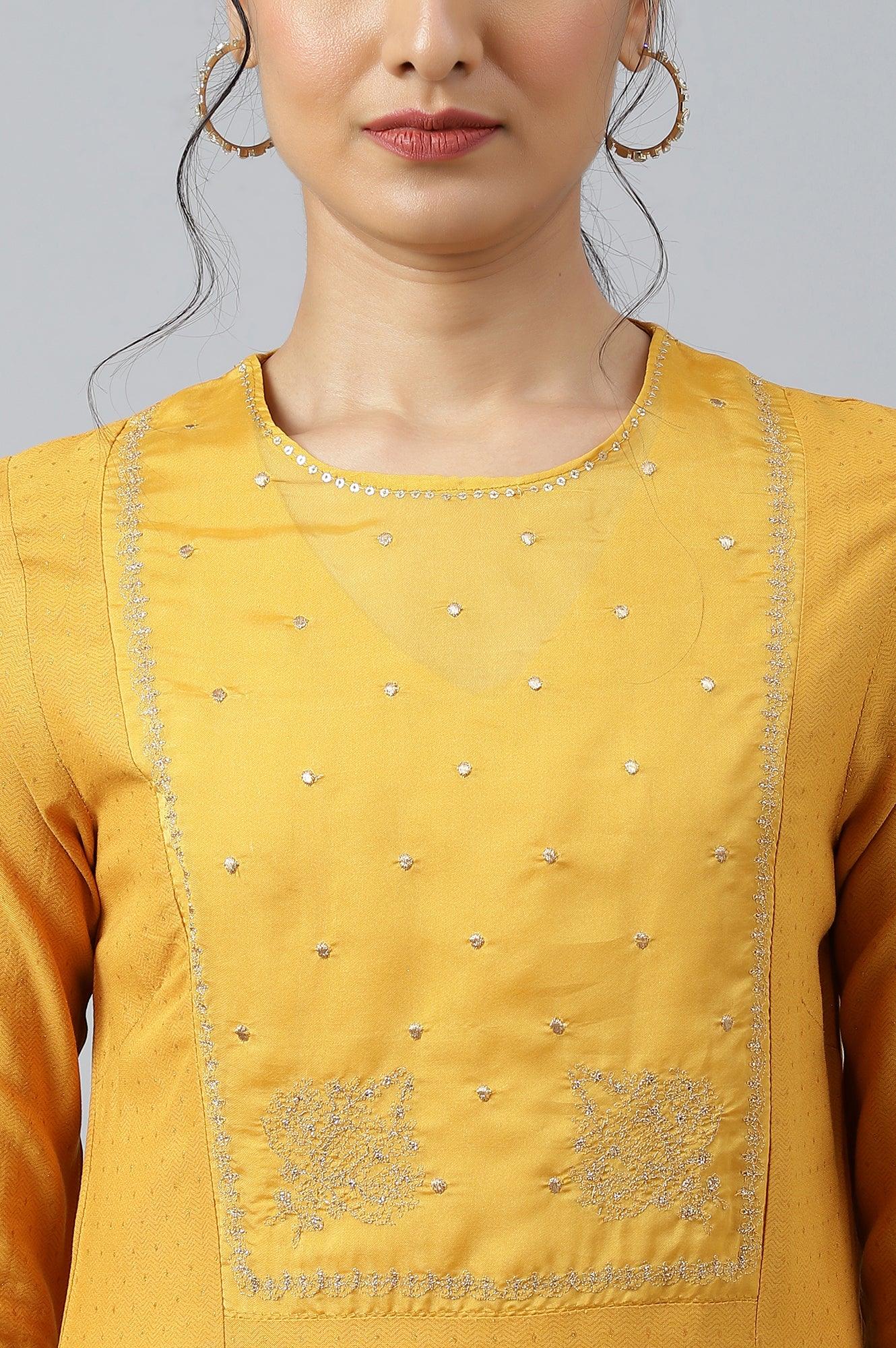 Dark Yellow A-Line Embroidered kurta With Sequins - Image 8