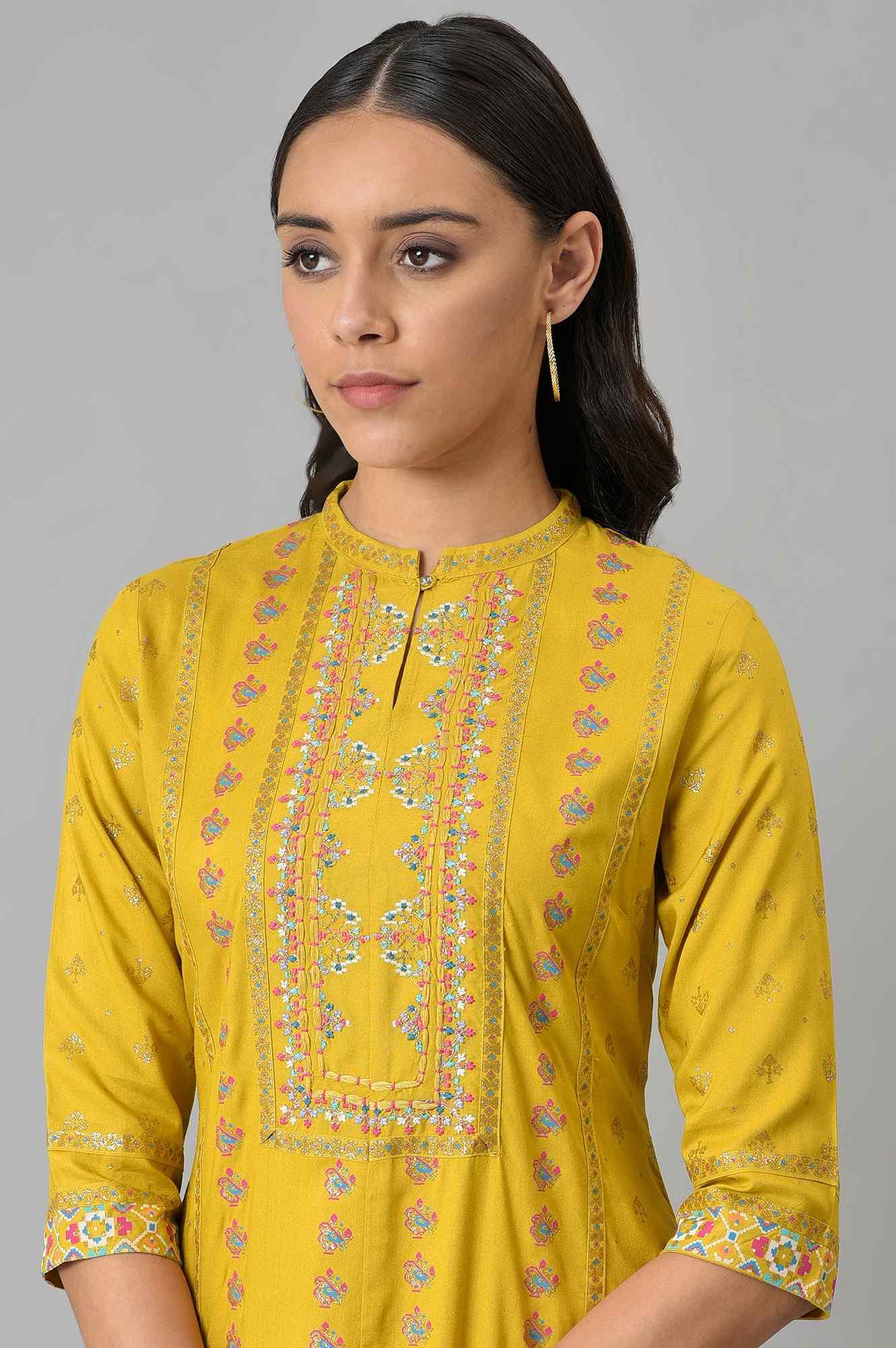 Dark Yellow Embroidered A-Line kurta With Printed Parallel Pants - Image 5