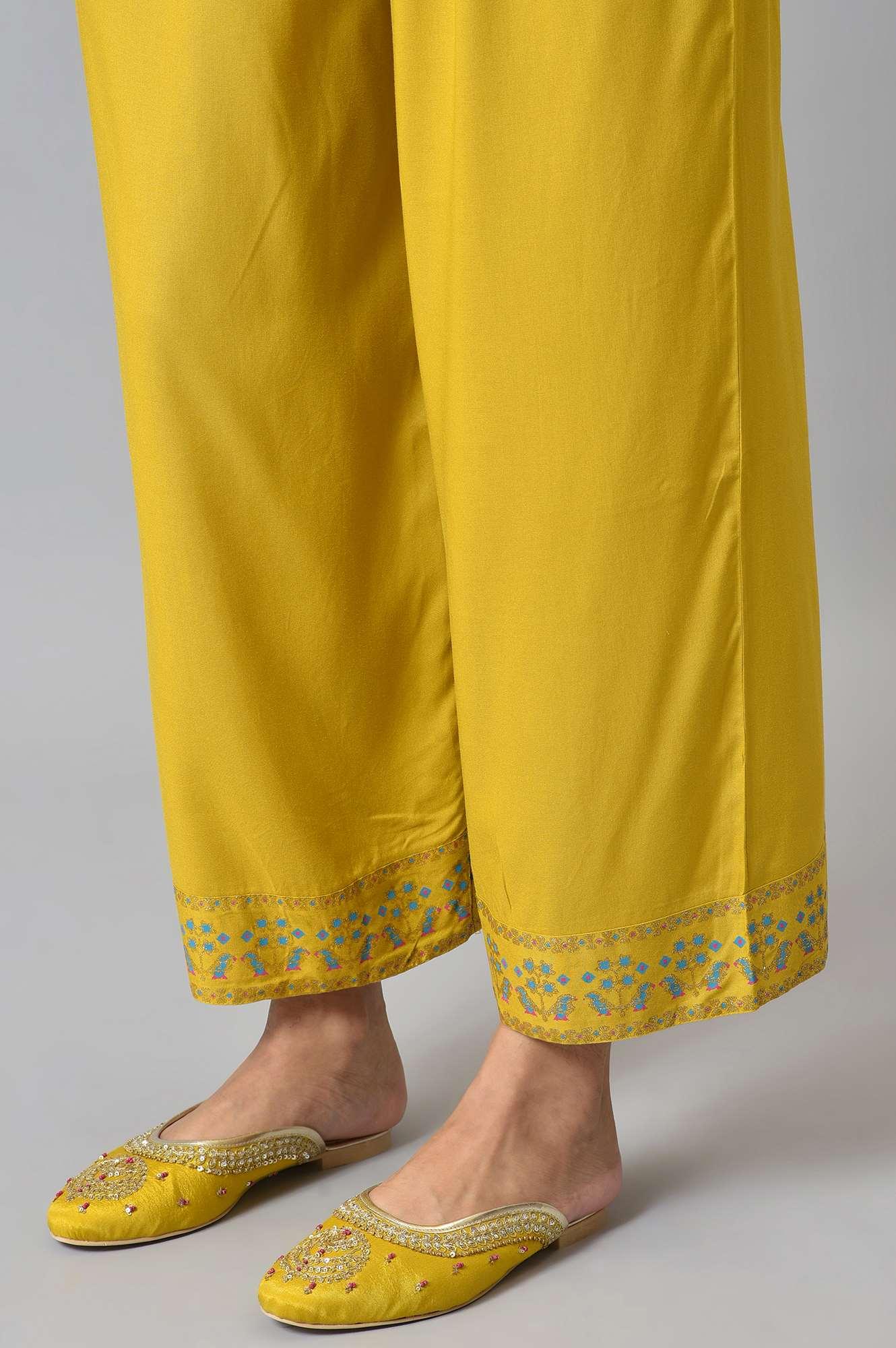 Dark Yellow Embroidered A-Line kurta With Printed Parallel Pants - Image 8