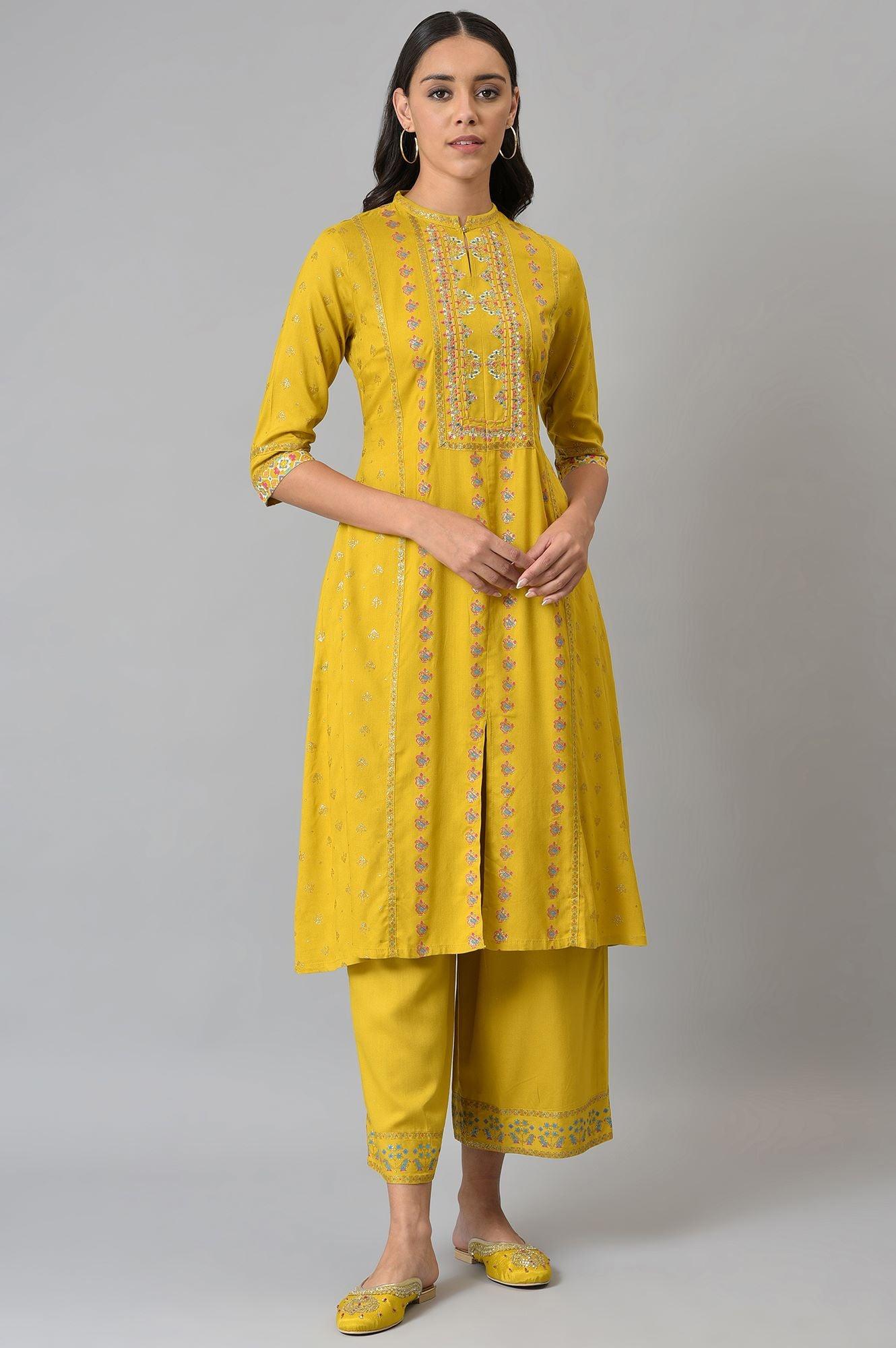Dark Yellow Embroidered A-Line kurta With Printed Parallel Pants - Image 9