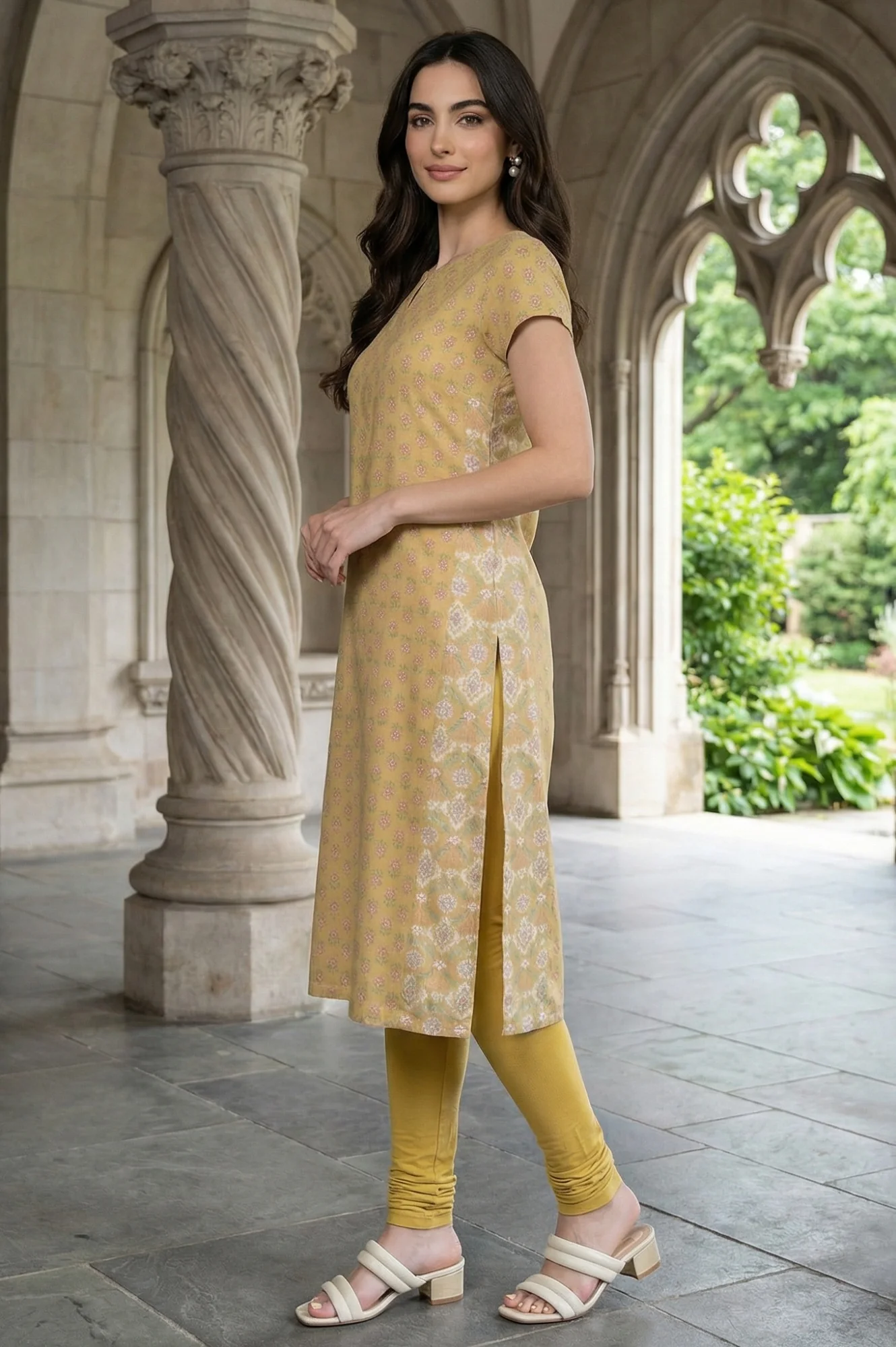 Yellow Floral Printed Short Sleeves Straight Rayon Kurta - Image 4