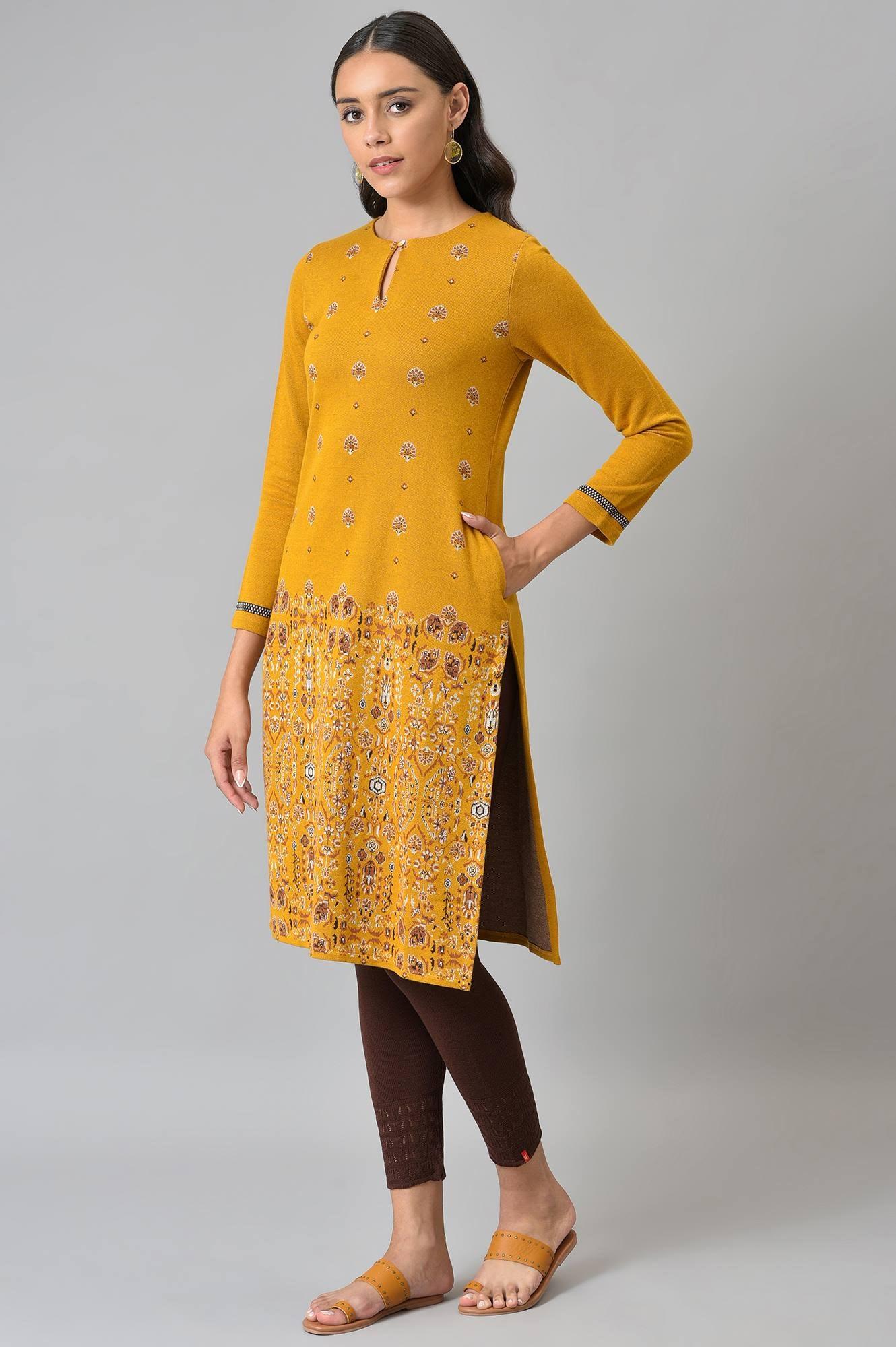 Dark Yellow Geometric Print Winter kurta - Image 3