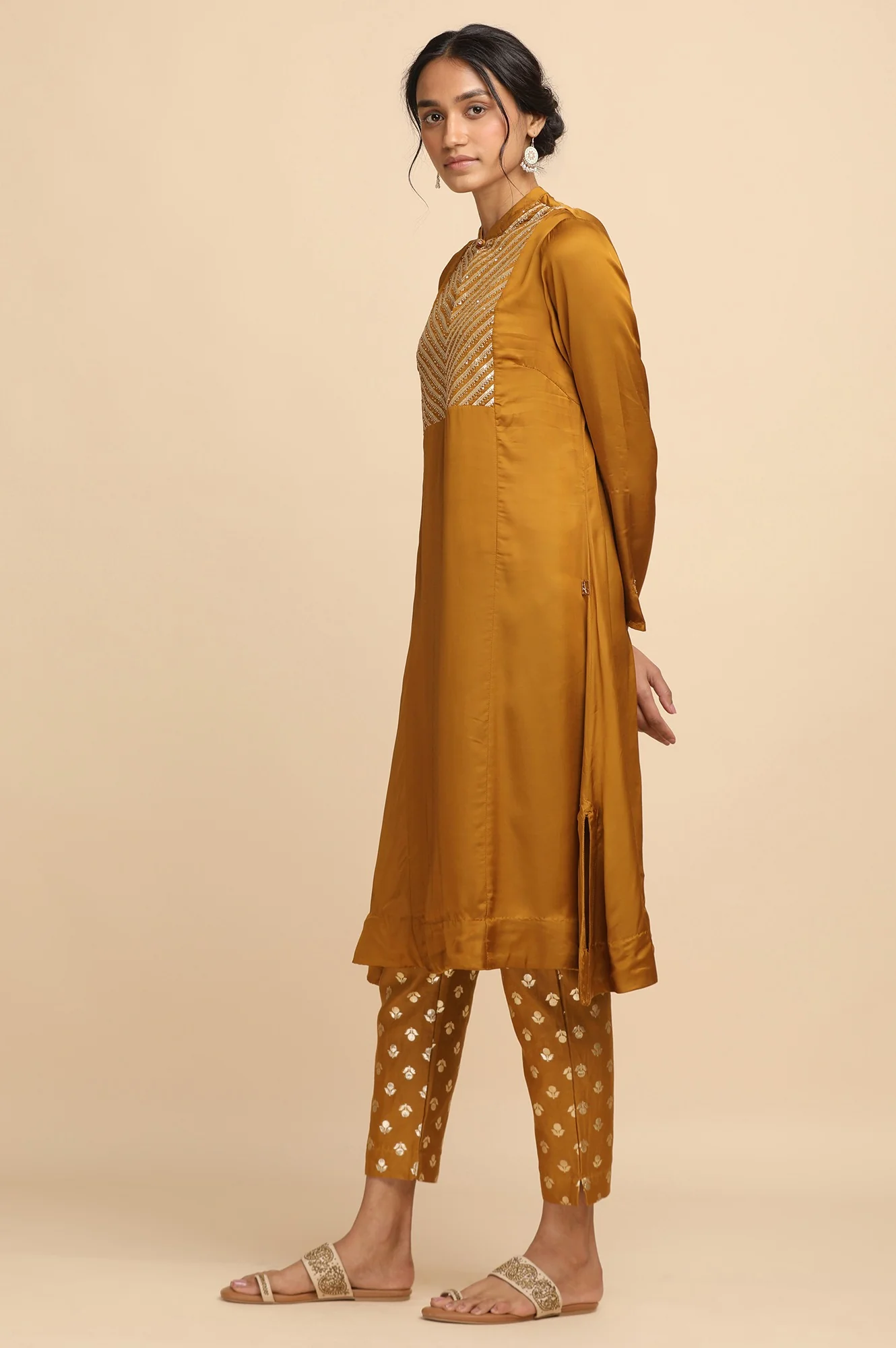 Dark Yellow Lustrous Modal Satin kurta - Image 3
