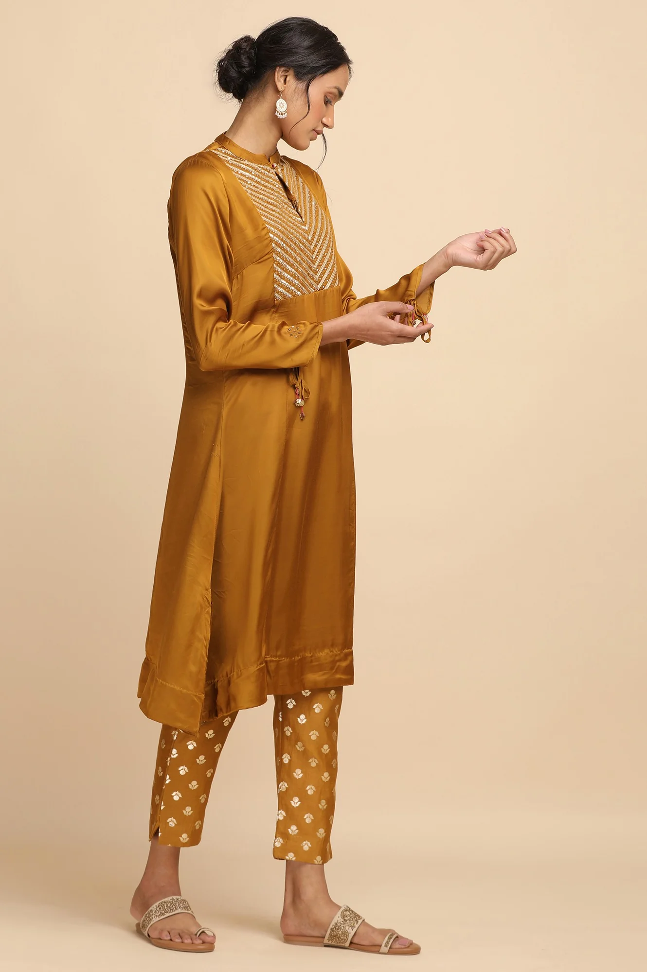 Dark Yellow Lustrous Modal Satin kurta - Image 4