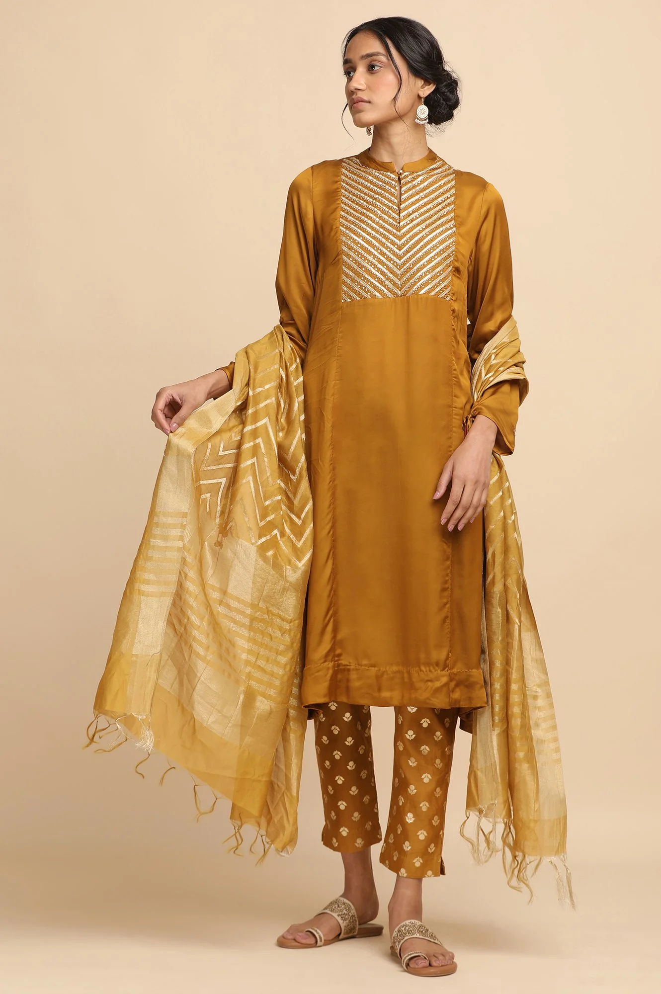 Dark Yellow Lustrous Modal Satin kurta - Image 5