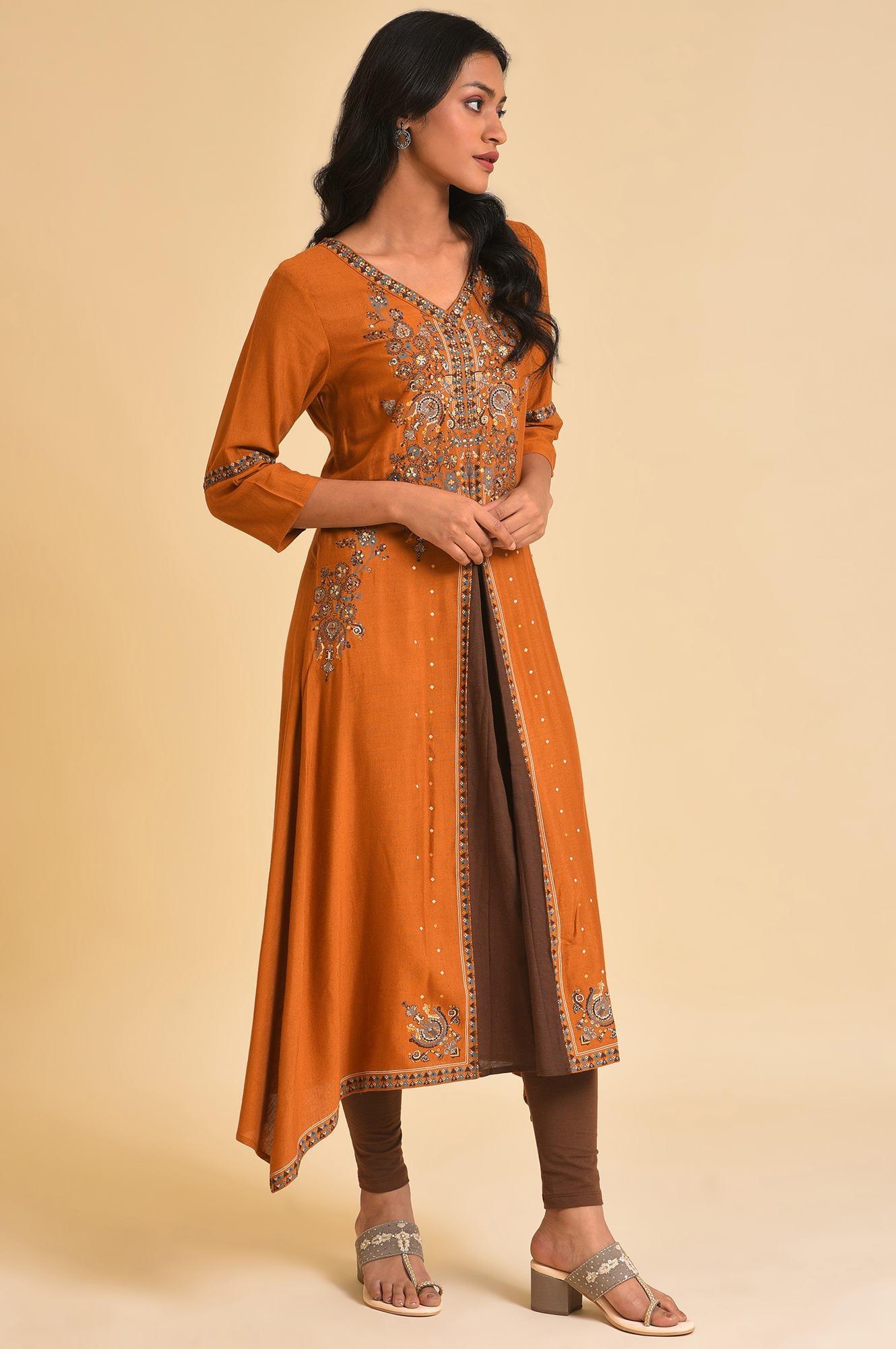 Dark Yellow Printed Godget Dress & Tights Set - Image 4