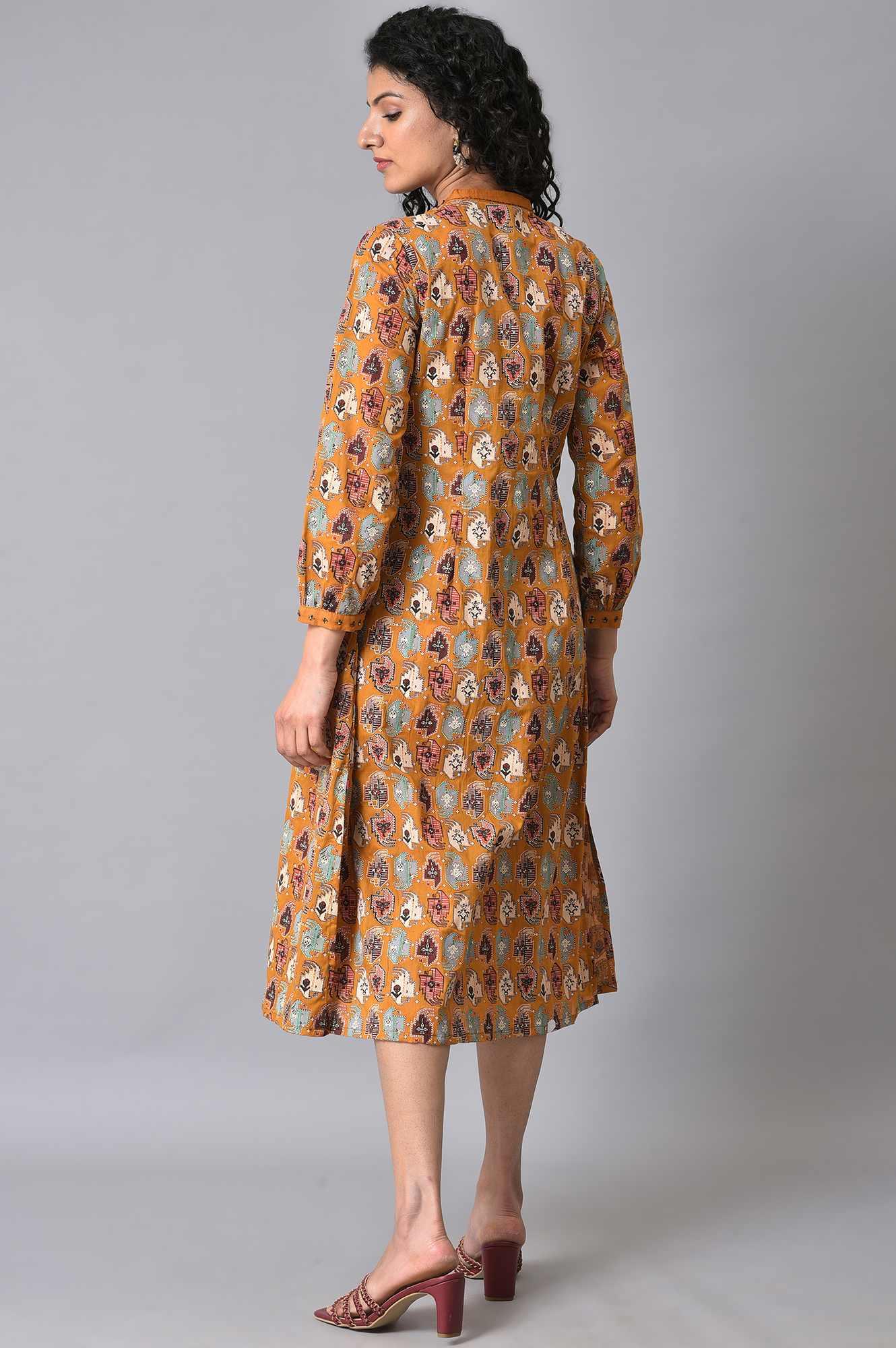 Dark Yellow Printed Pleated Plus Size Shirt Dress - Image 2