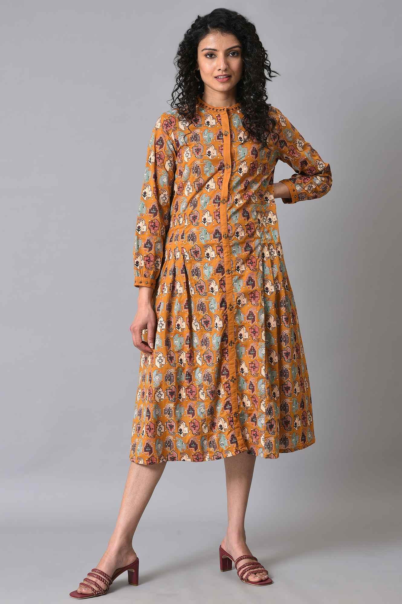 Dark Yellow Printed Pleated Shirt Dress - Image 2