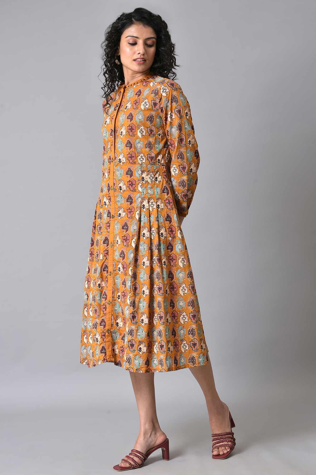 Dark Yellow Printed Pleated Shirt Dress - Image 4