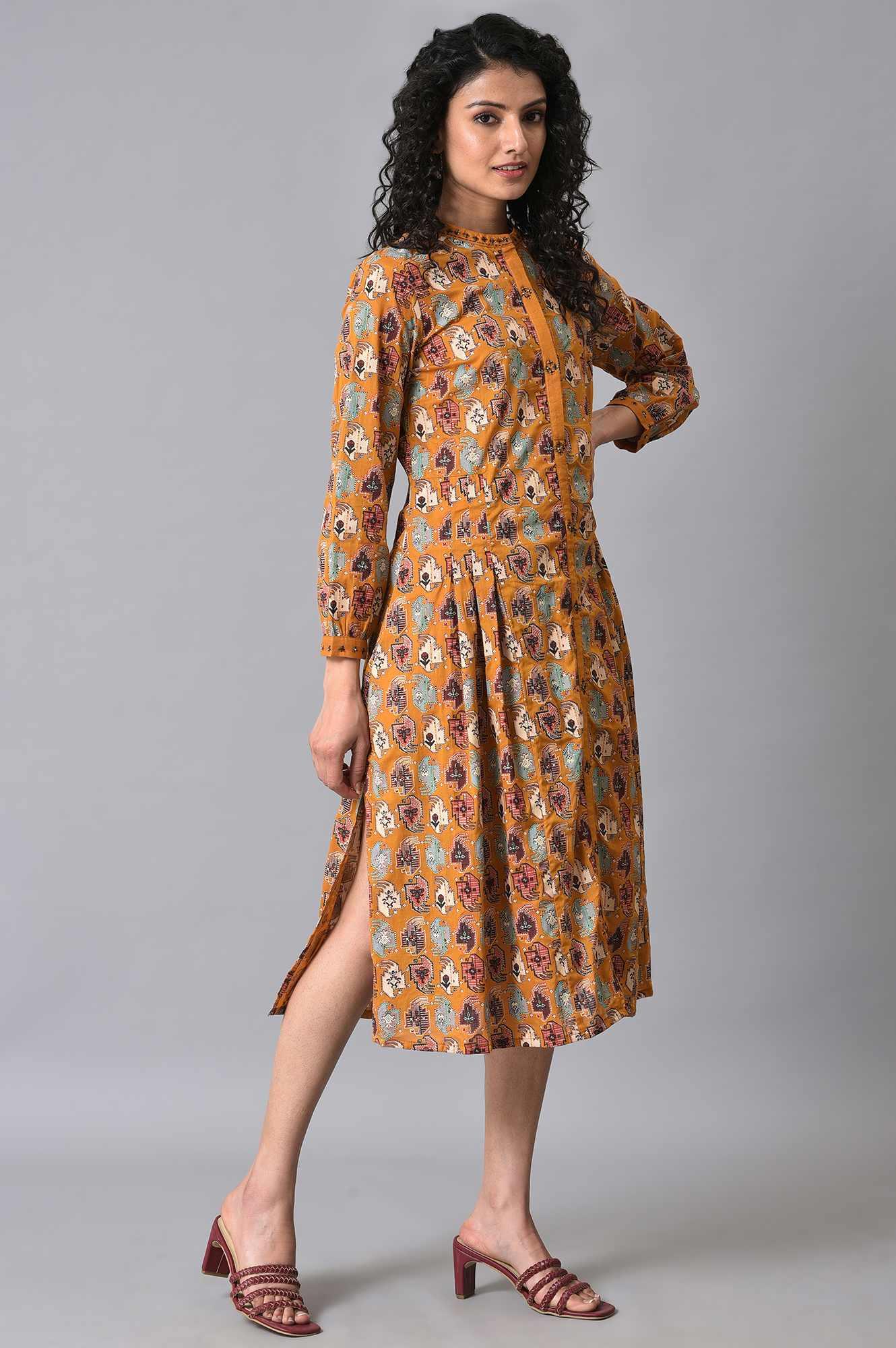 Dark Yellow Printed Pleated Shirt Dress - Image 5