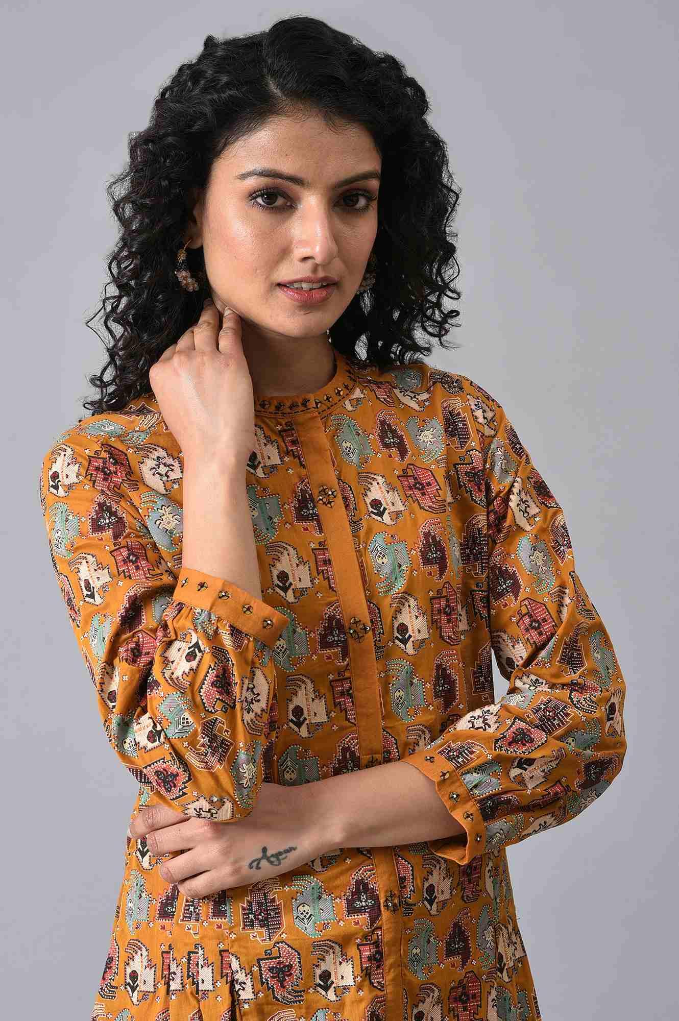 Dark Yellow Printed Pleated Shirt Dress - Image 6
