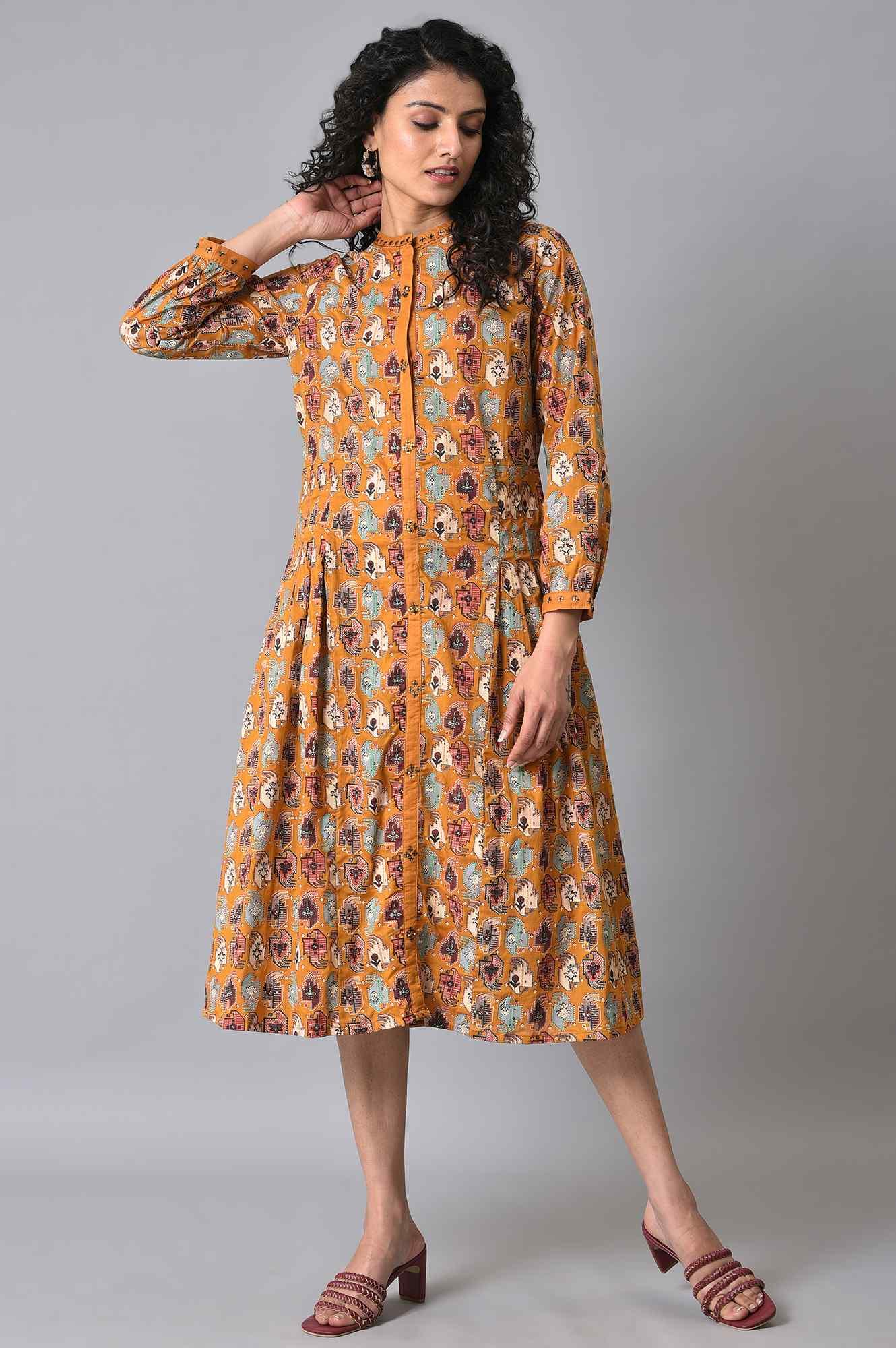 Dark Yellow Printed Pleated Shirt Dress - Image 7