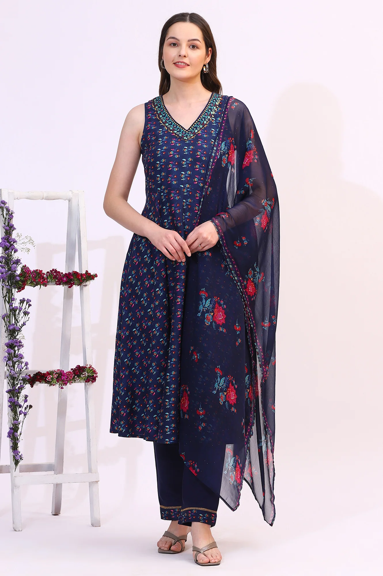 Deep Blue Floral Foil Printed Sleeveless Rayon Anarkali Kurta, Straight Pants and Dupatta Set - Image 2