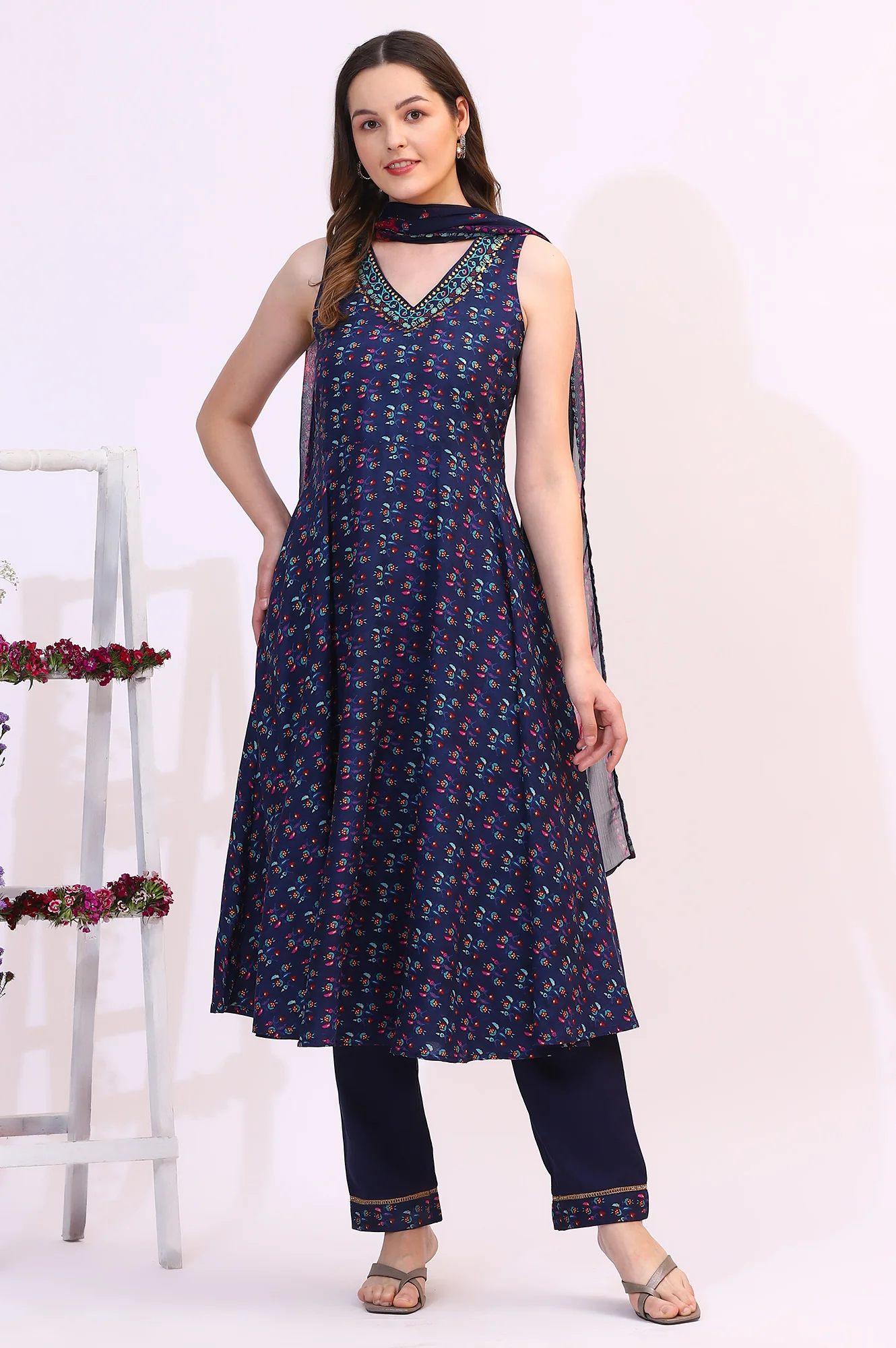 Deep Blue Floral Foil Printed Sleeveless Rayon Anarkali Kurta, Straight Pants and Dupatta Set - Image 3