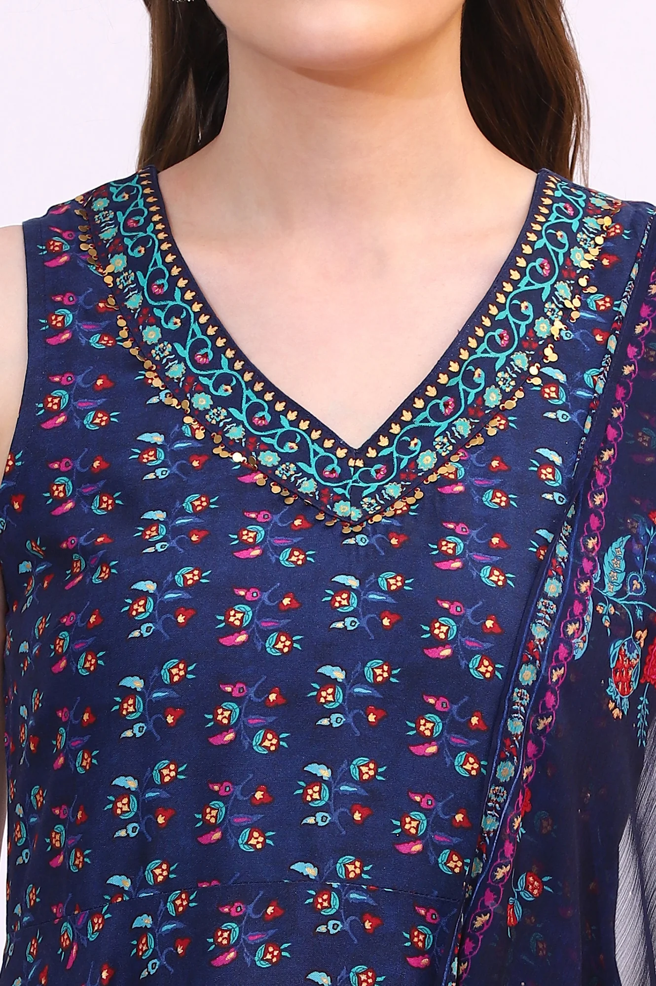 Deep Blue Floral Foil Printed Sleeveless Rayon Anarkali Kurta, Straight Pants and Dupatta Set - Image 4