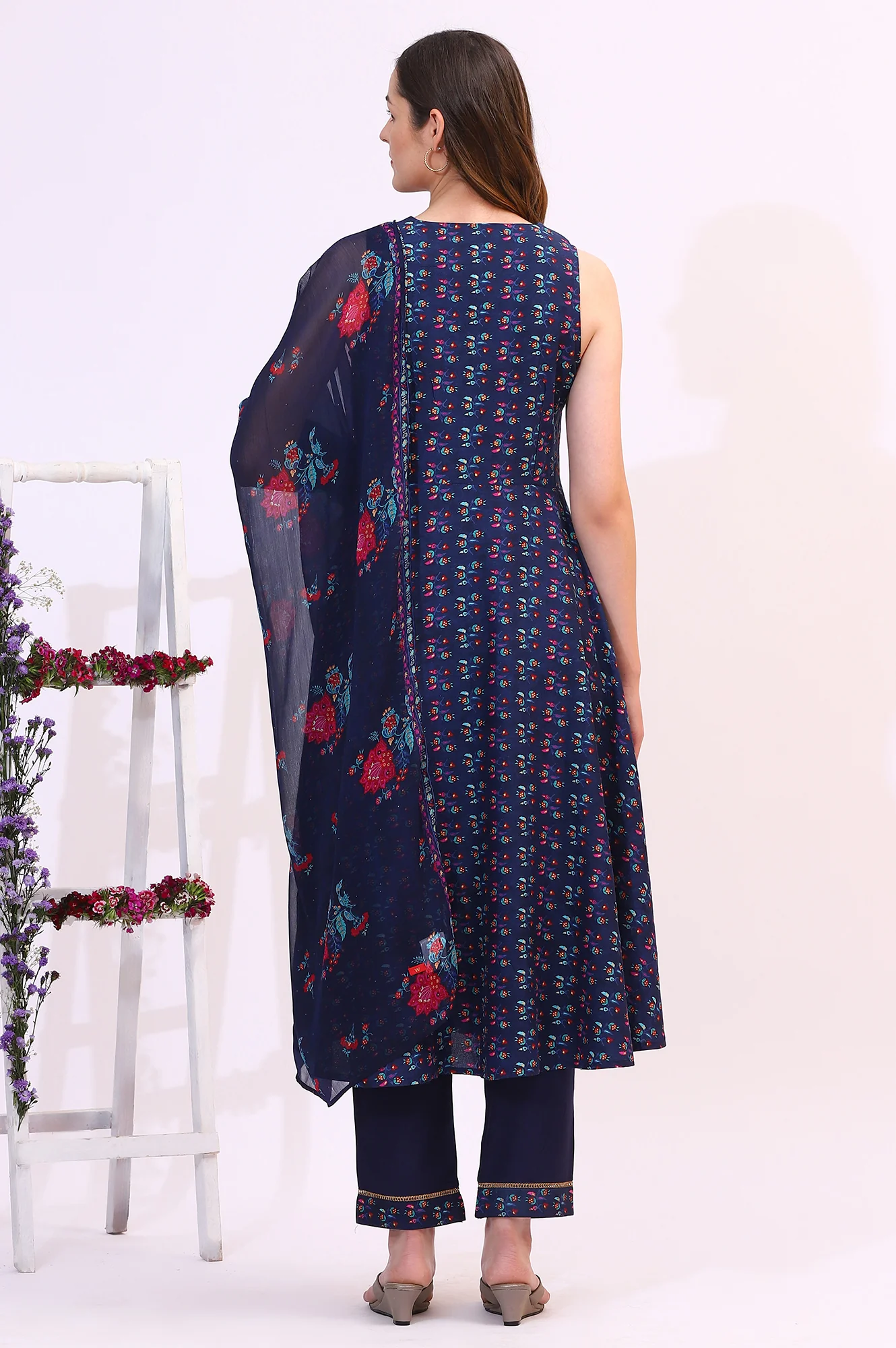 Deep Blue Floral Foil Printed Sleeveless Rayon Anarkali Kurta, Straight Pants and Dupatta Set - Image 6