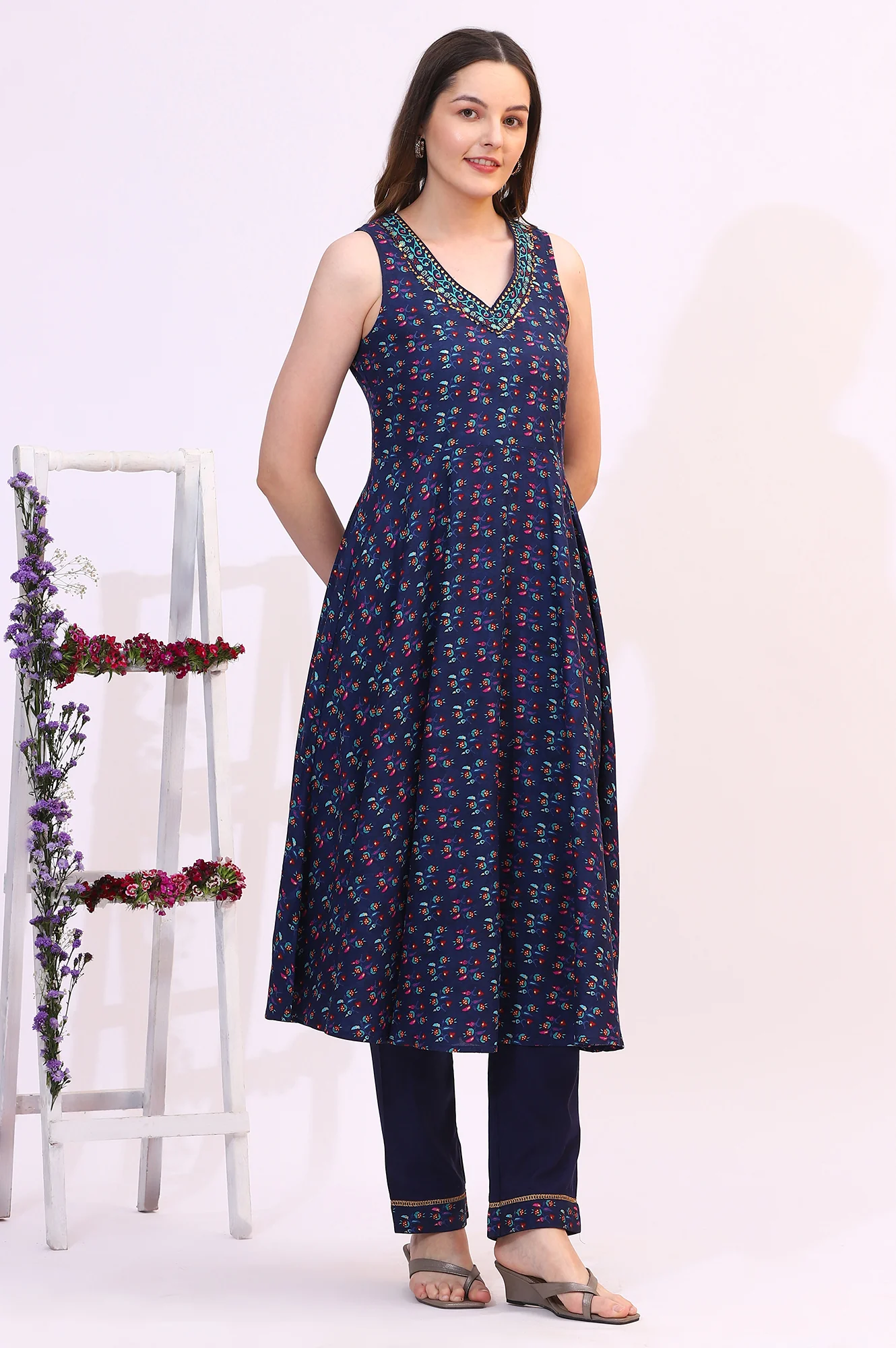 Deep Blue Floral Foil Printed Sleeveless Rayon Anarkali Kurta, Straight Pants and Dupatta Set - Image 7