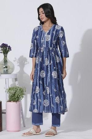 Deep Blue Gathered Tie-Dye Floral Printed Kurta - Image 3