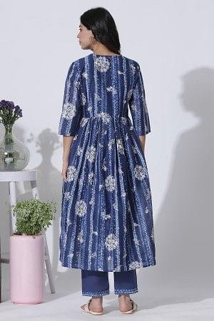 Deep Blue Gathered Tie-Dye Floral Printed Kurta - Image 4