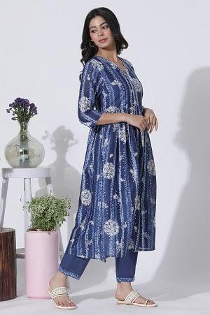Deep Blue Gathered Tie-Dye Floral Printed Kurta - Image 5
