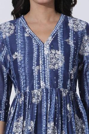 Deep Blue Gathered Tie-Dye Floral Printed Kurta - Image 6
