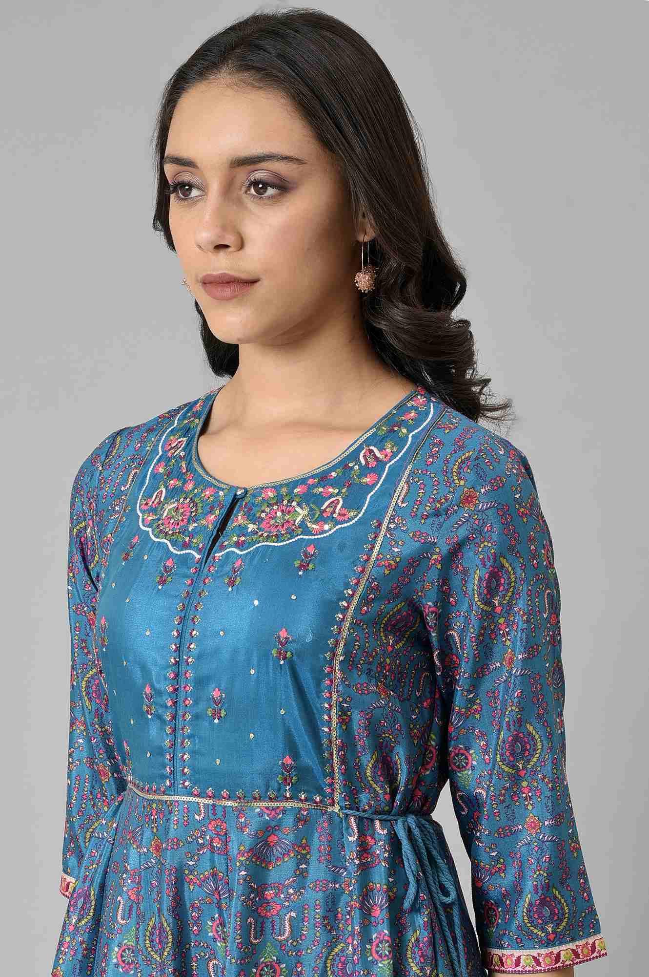 Deep Blue Printed And Embroidered kurta - Image 6