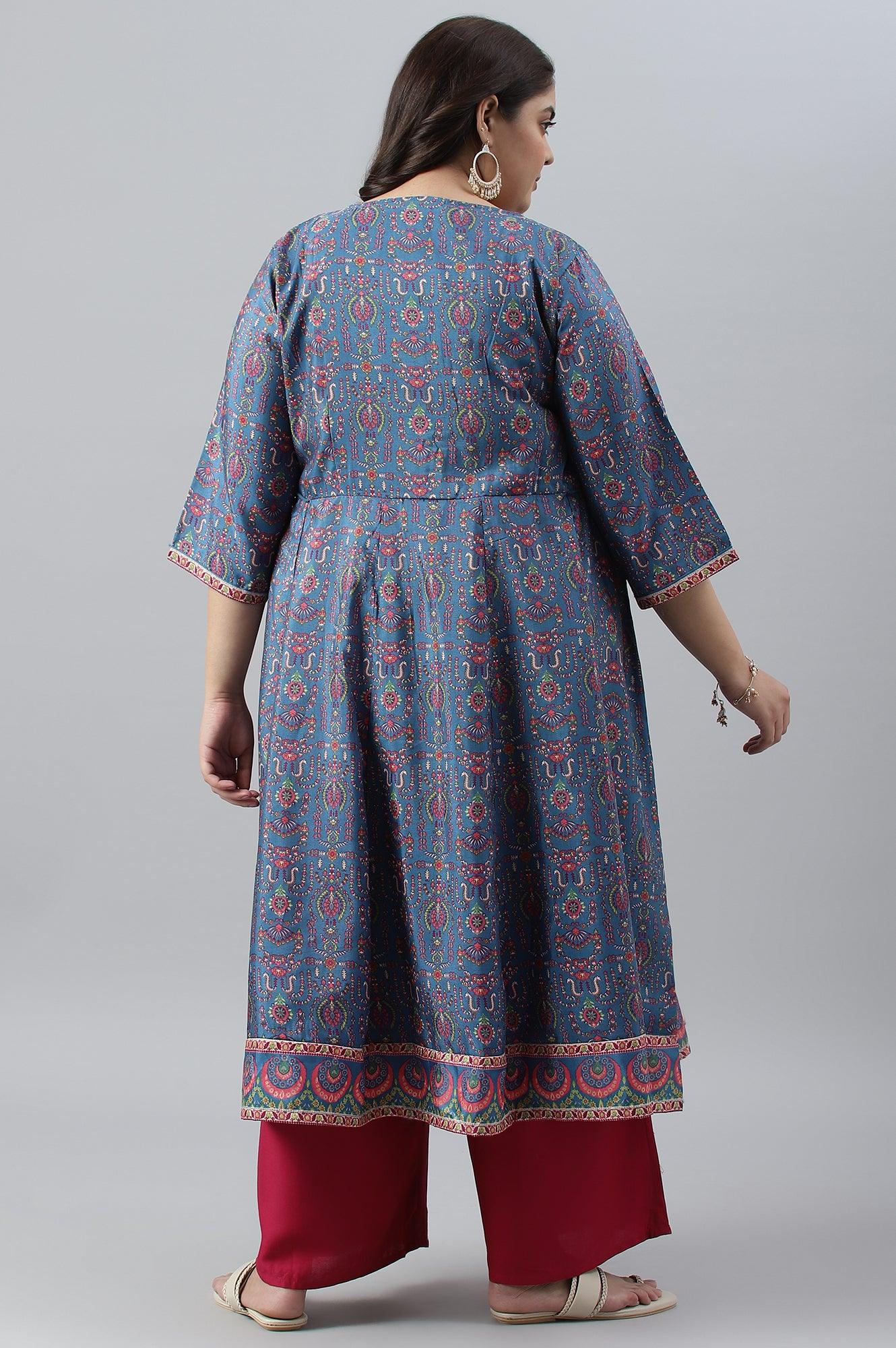 Deep Blue Printed And Embroidered Plus Size kurta - Image 2