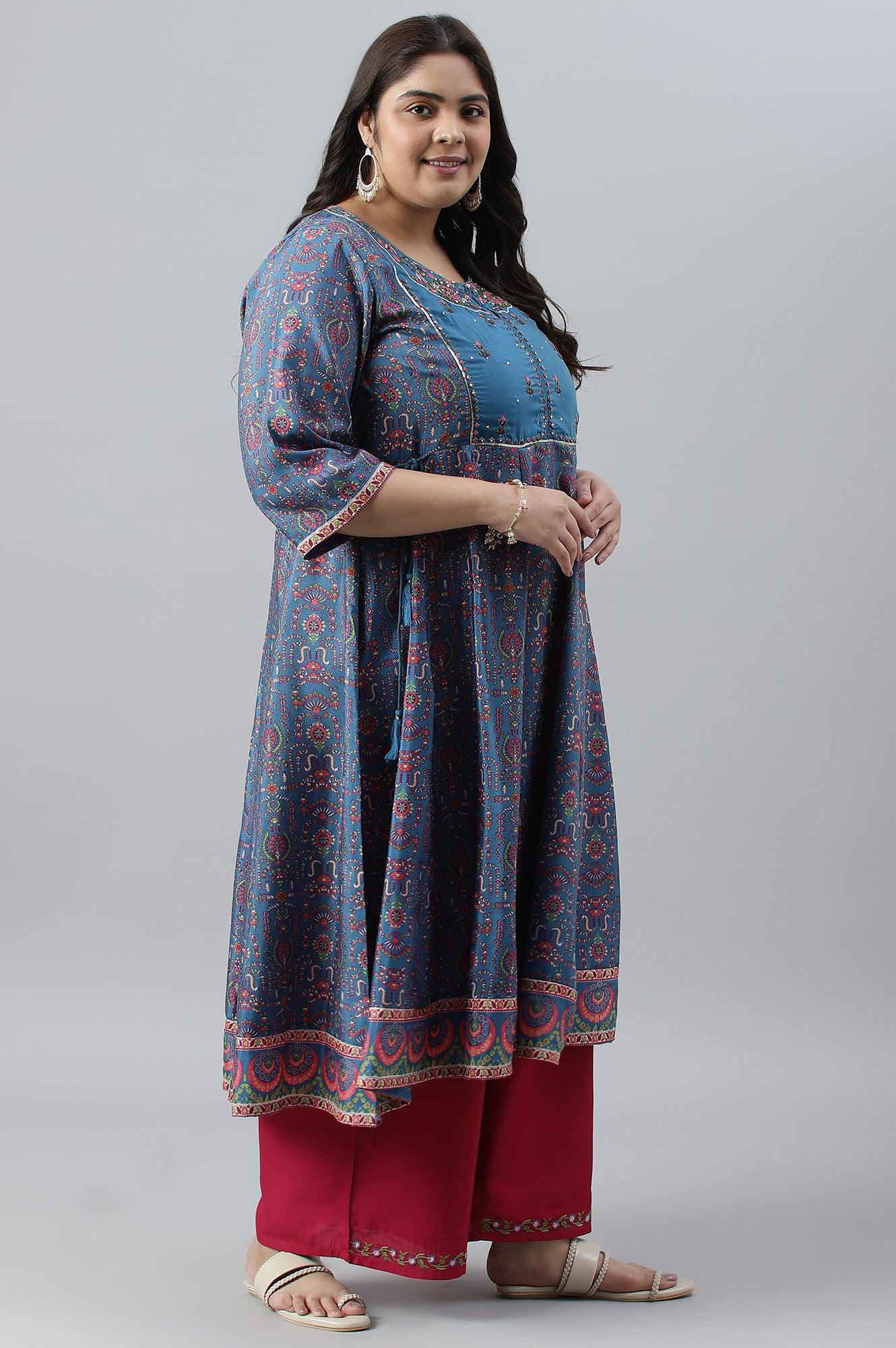 Deep Blue Printed And Embroidered Plus Size kurta - Image 3