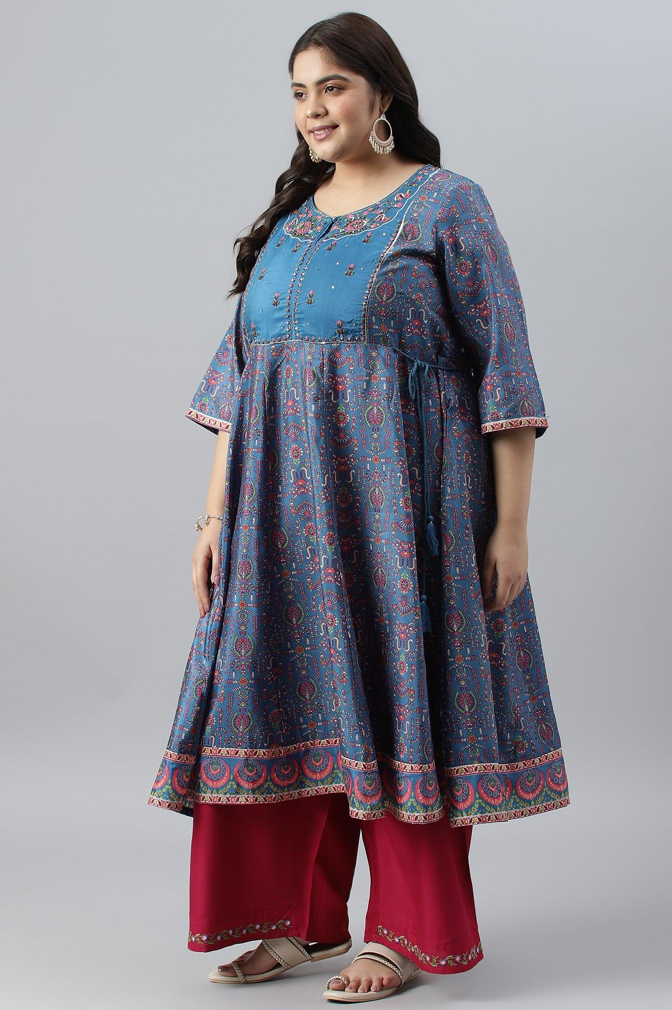 Deep Blue Printed And Embroidered Plus Size kurta - Image 4