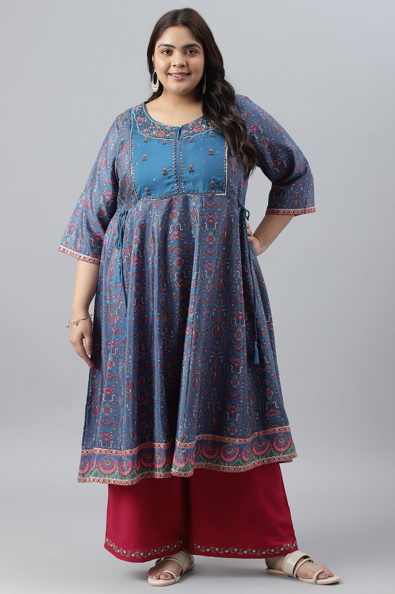Deep Blue Printed And Embroidered Plus Size kurta - Image 6