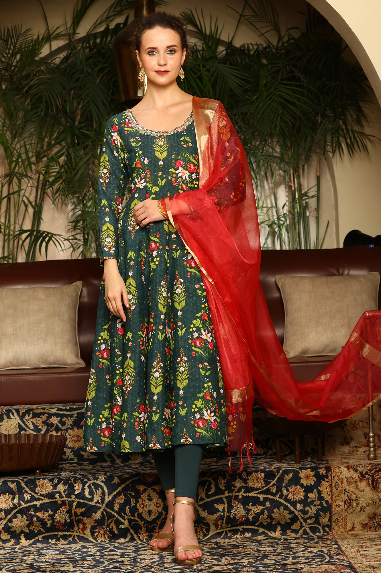 Deep Green Floral Printed Shantung Anarkali Kurta, Tights And Organza Dupatta - Image 2