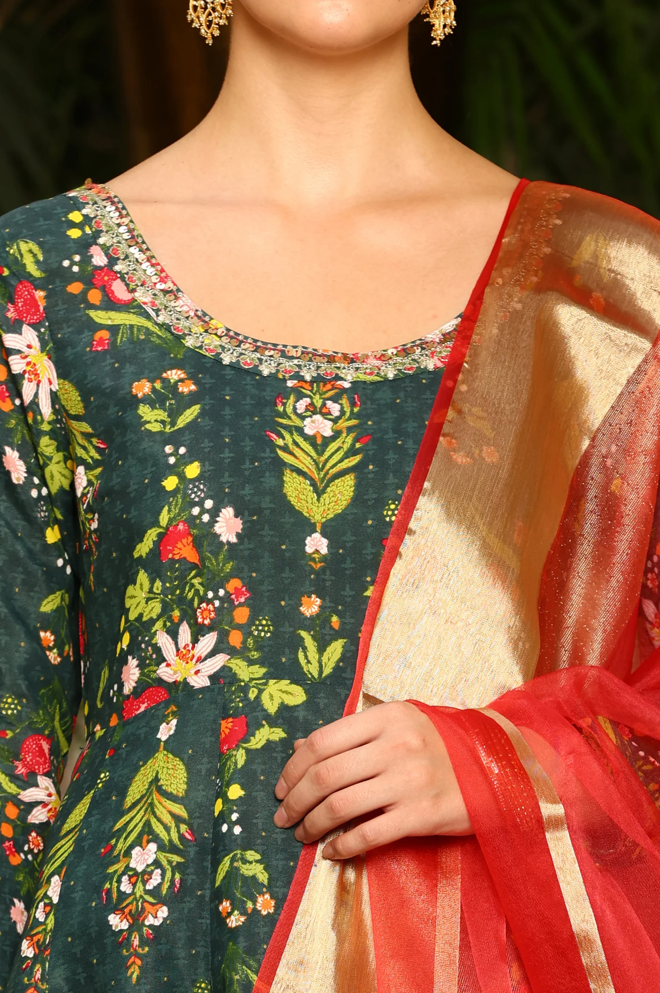 Deep Green Floral Printed Shantung Anarkali Kurta, Tights And Organza Dupatta - Image 3